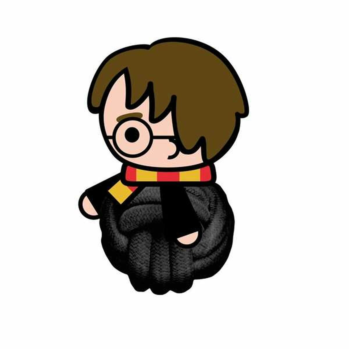 Harry-Potter-Spielzeug in Schwarz, das einen schwarzen Seilball hält. Er hat eine Brille und eine Narbe.