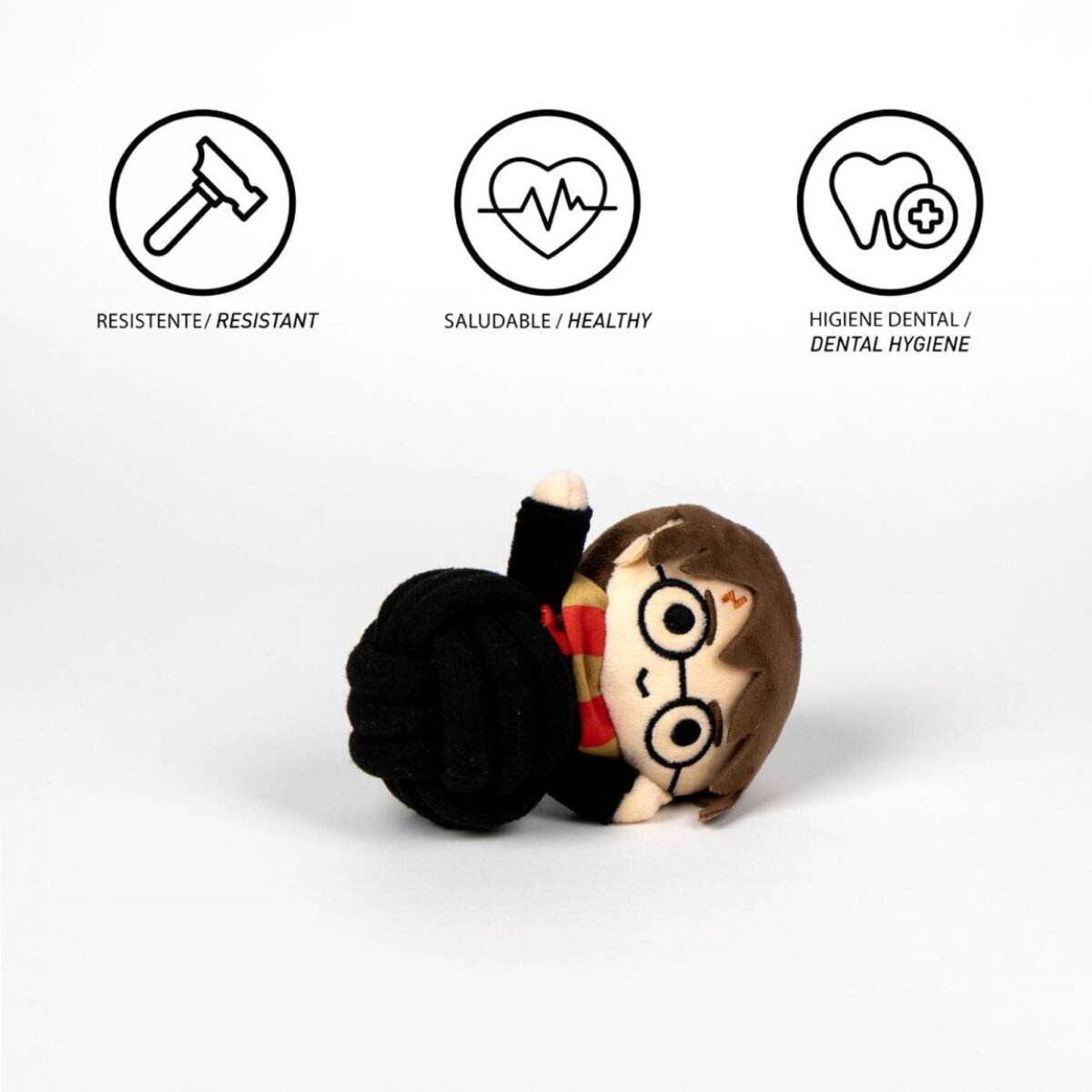 Harry-Potter-Spielzeug mit einem Seilball. Symbole für widerstandsfähig, gesund und Zahnhygiene.