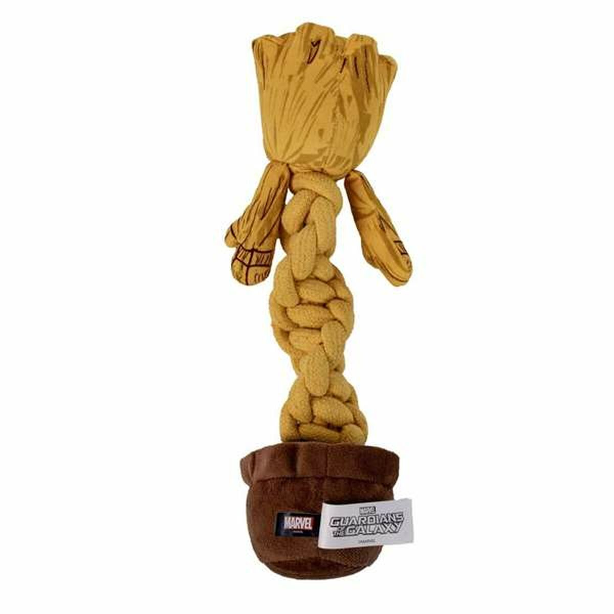 Peluche di Groot con una corda gialla. È in un vaso marrone. Viene mostrato il logo di Marvel Guardians of the Galaxy.