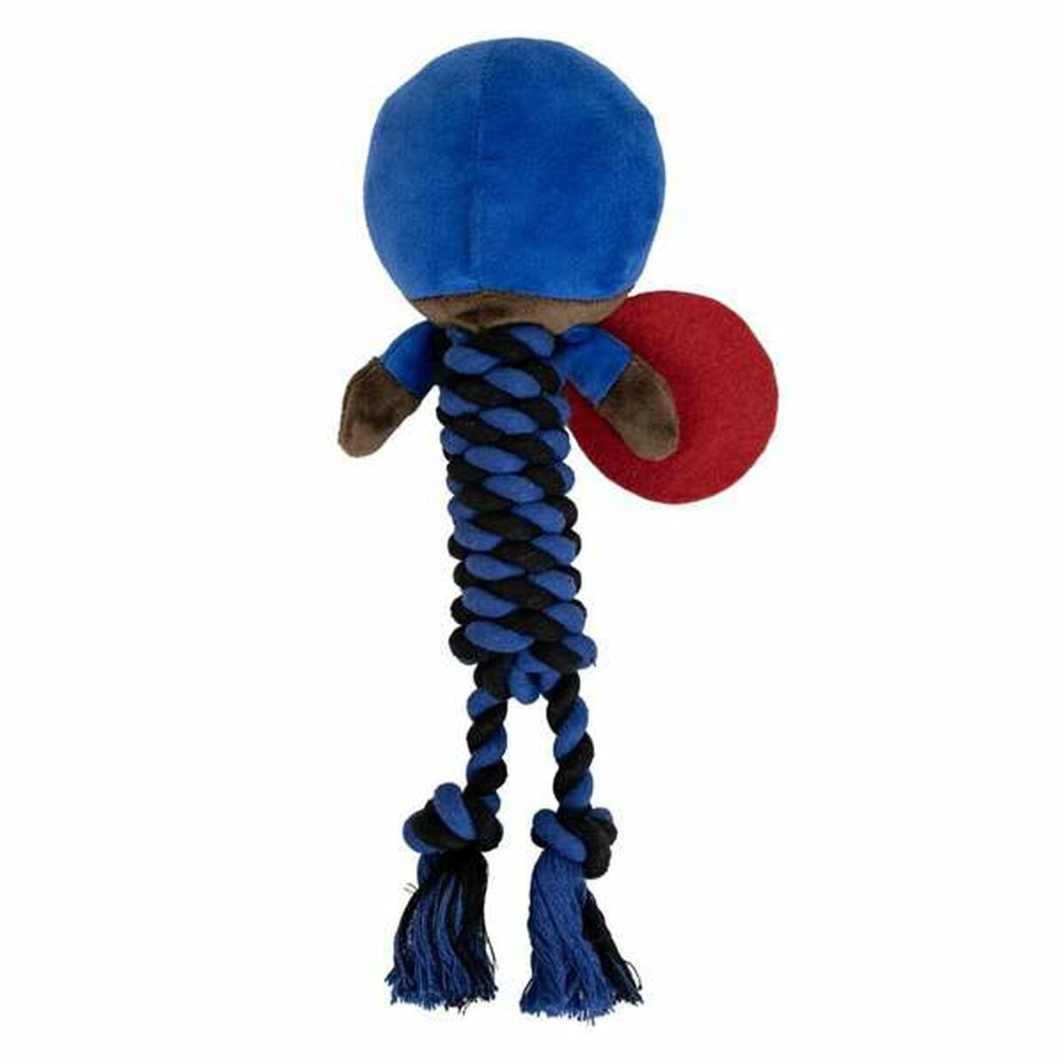Eine blaue Captain America Spielfigur mit schwarzem und blauem Seilkörper, rotem Schild und Symbolen.