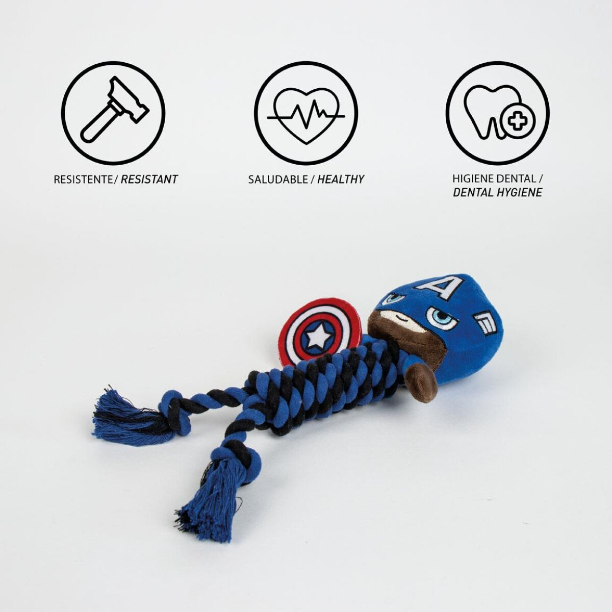 Ein Captain America Spielzeug mit Schild und Symbolen für widerstandsfähig, gesund und Zahnhygiene.