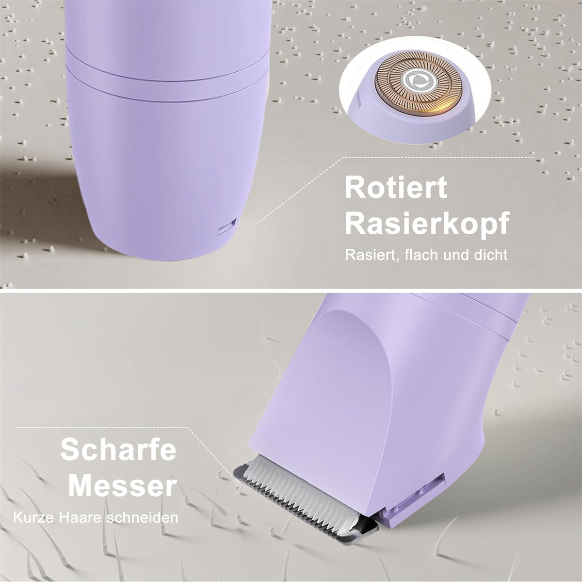 Nahaufnahme eines Rasierers mit rotierendem Kopf, scharfen Klingen und deutschem Text.