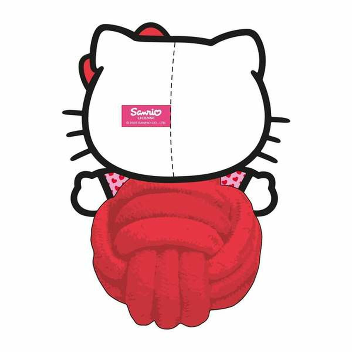 Rückseite des Hello Kitty Plüschtiers mit rotem geknotetem Seil und 'Sanrio' Etikett auf weißem Hintergrund.
