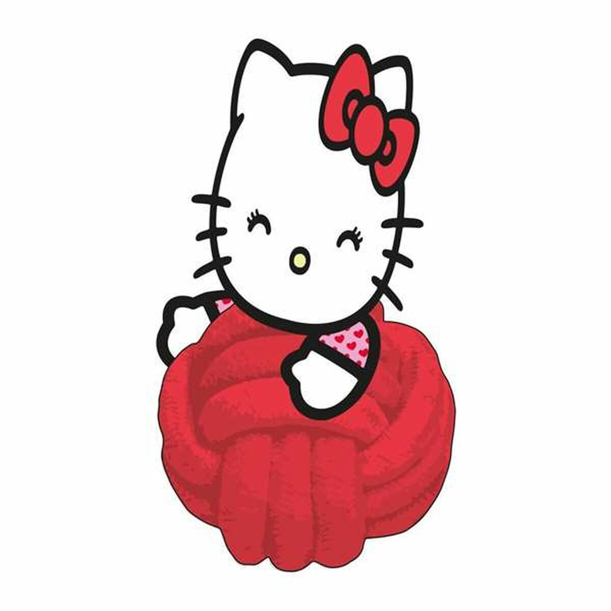 Ein Hello Kitty Spielzeug sitzt auf einem roten geknoteten Seil. Sie hat eine rote Schleife und lächelt, auf weißem Grund.