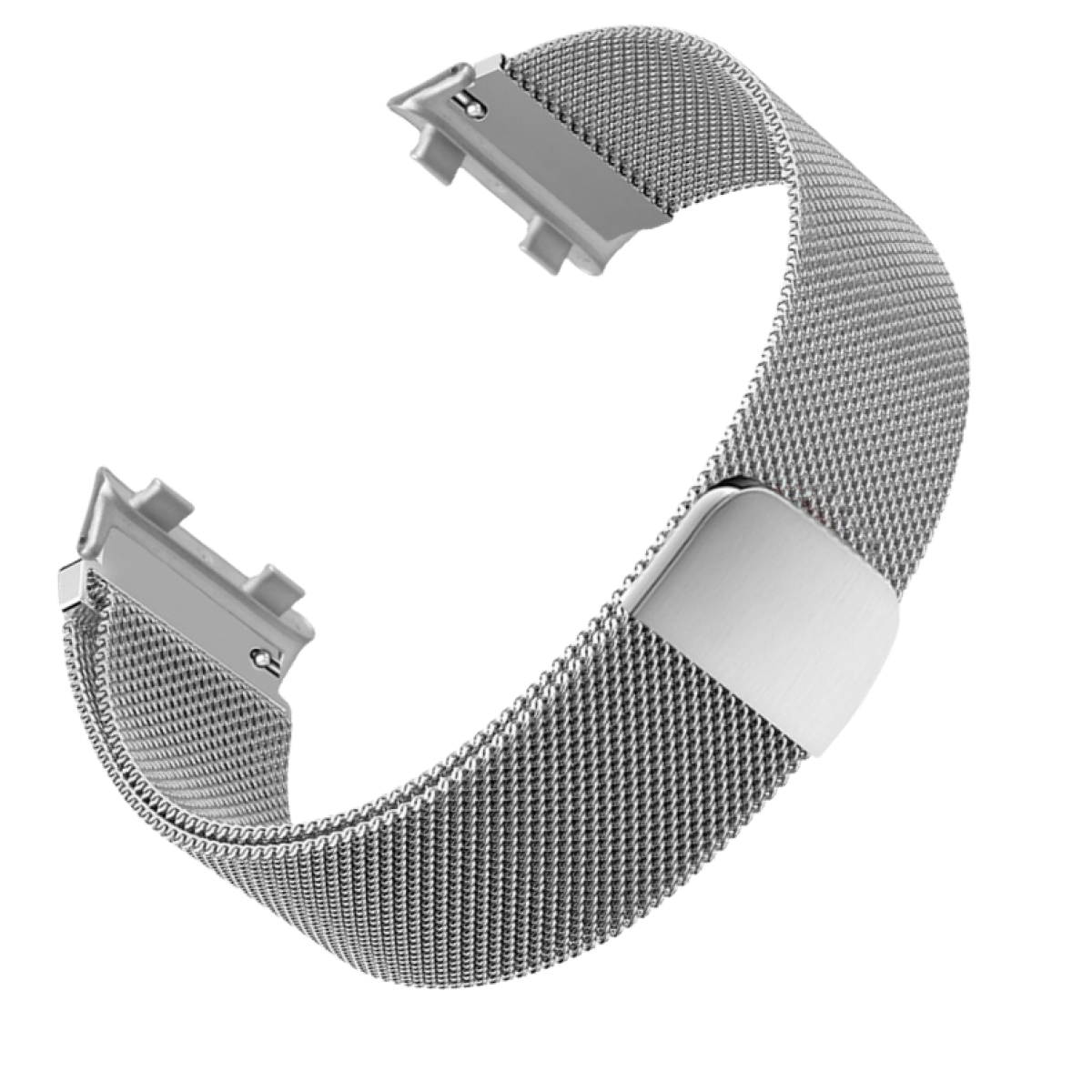 Ein silbernes Uhrenarmband aus Mesh. Es hat zwei Anschlüsse und einen Verschluss. Die Oberfläche ist reflektierend.