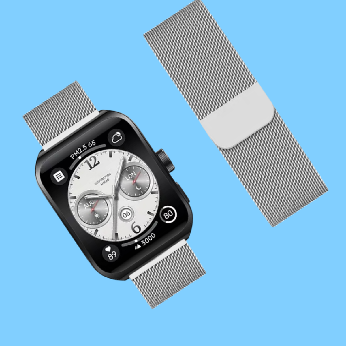 Eine Smartwatch mit schwarzem Zifferblatt und Mesh-Armband. Das Zifferblatt zeigt Zeit und Daten an. Auf blauem Hintergrund.