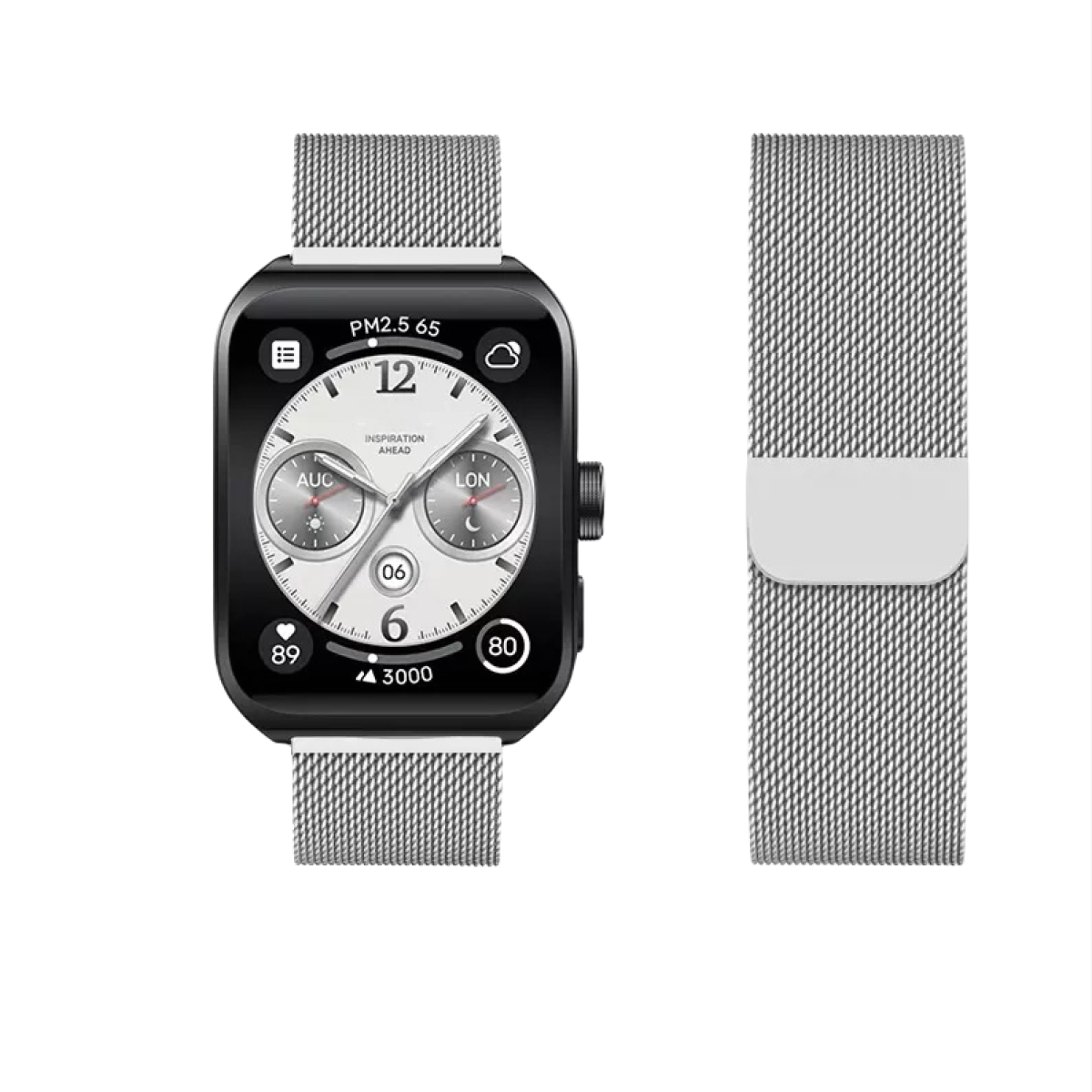 Eine Smartwatch mit Mesh-Armband und ein zweites Armband auf blauem Hintergrund. Das Zifferblatt zeigt Zeit und Daten an.
