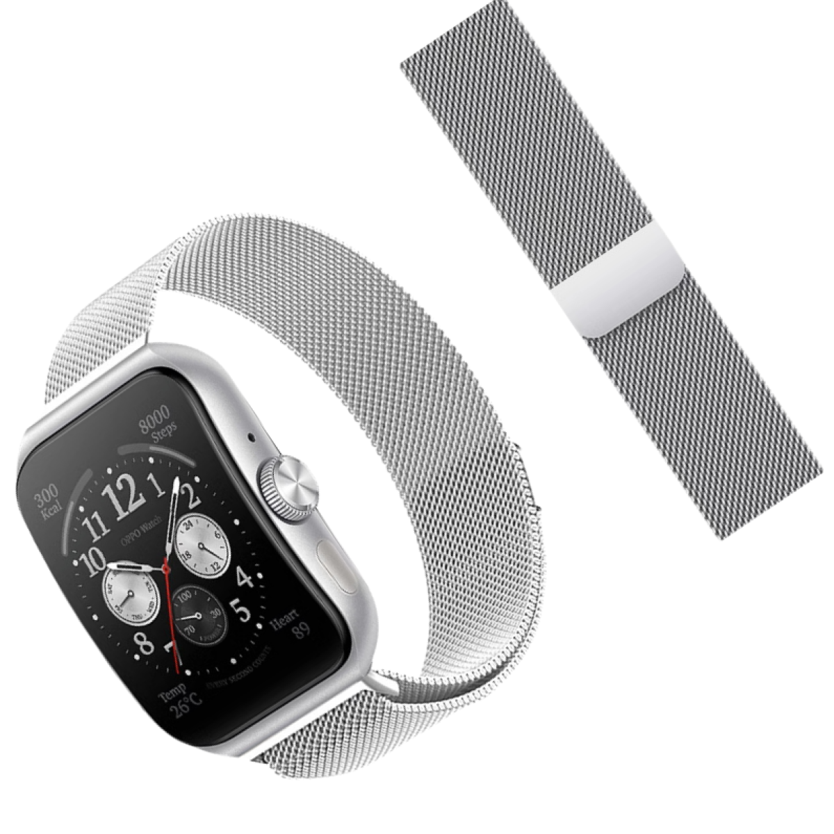 Eine Smartwatch mit Mesh-Armband und separatem Armband. Das Zifferblatt zeigt Zeit und Daten. Es ist auf weißem Hintergrund.