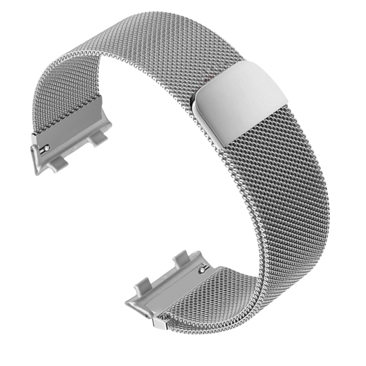 Ein silbernes Uhrenarmband. Das Armband besteht aus einem Metallgeflecht und hat einen Verschluss.