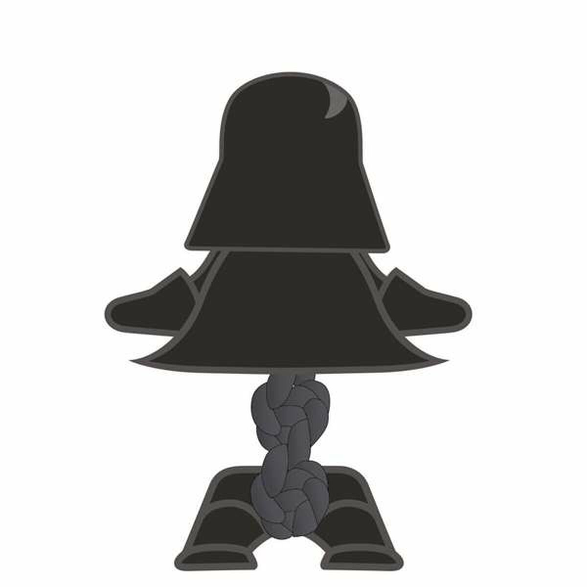 Ein schwarzes Spielzeug in Darth Vader-Form, das an einem grauen Seil befestigt ist. Der Hintergrund ist weiß.