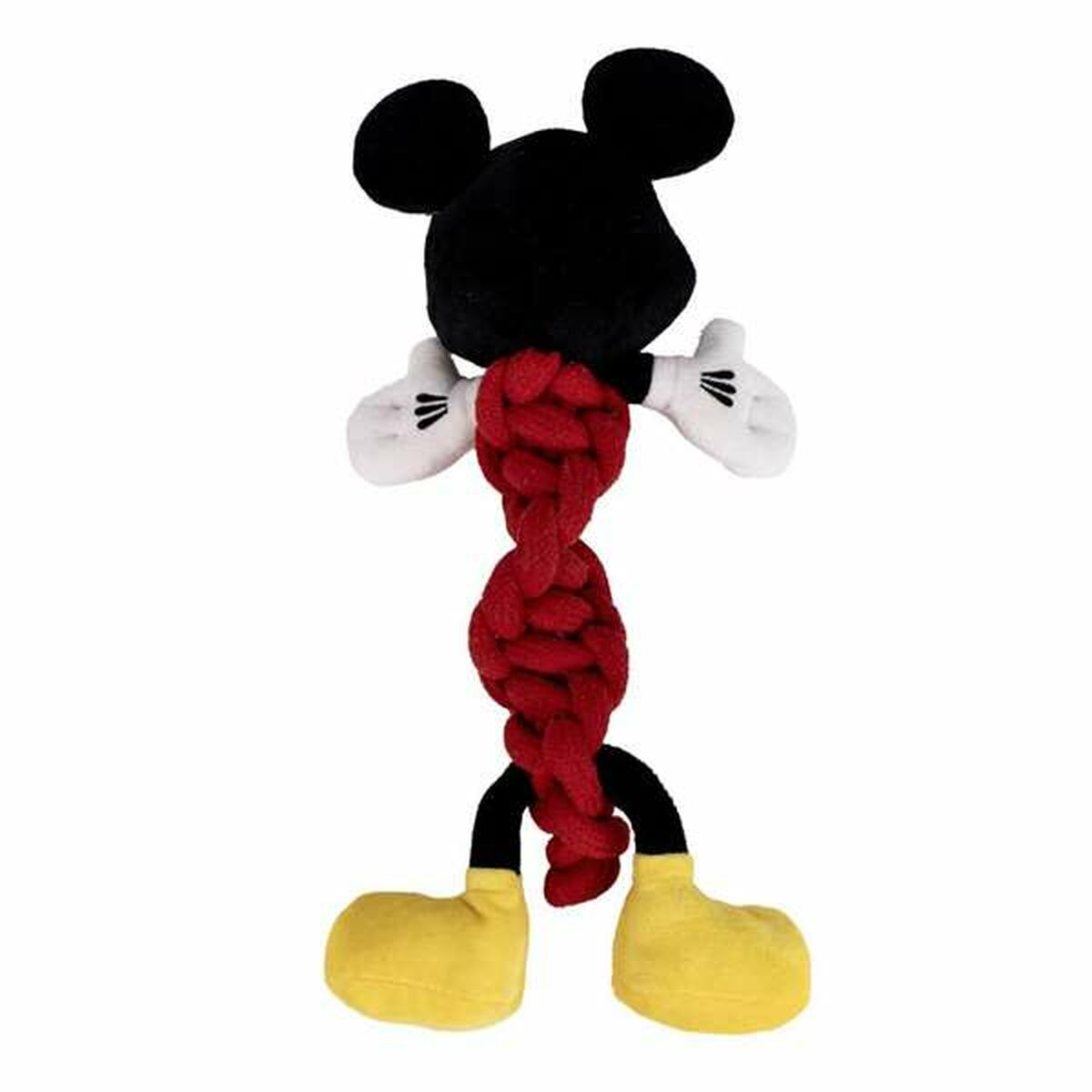 Micky Maus Plüschtier mit roter Schnur. Das Spielzeug hat schwarze Ohren, weiße Handschuhe, gelbe Schuhe und ein lächelndes Gesicht.