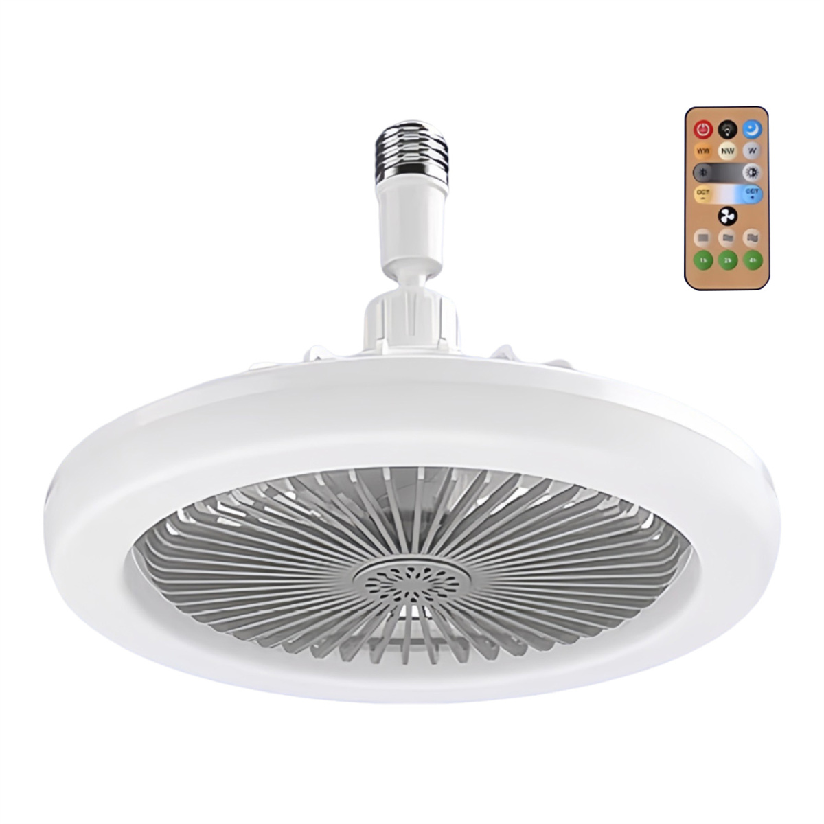 Weißer Deckenventilator mit Licht. Fernbedienung daneben. Weißer Hintergrund.