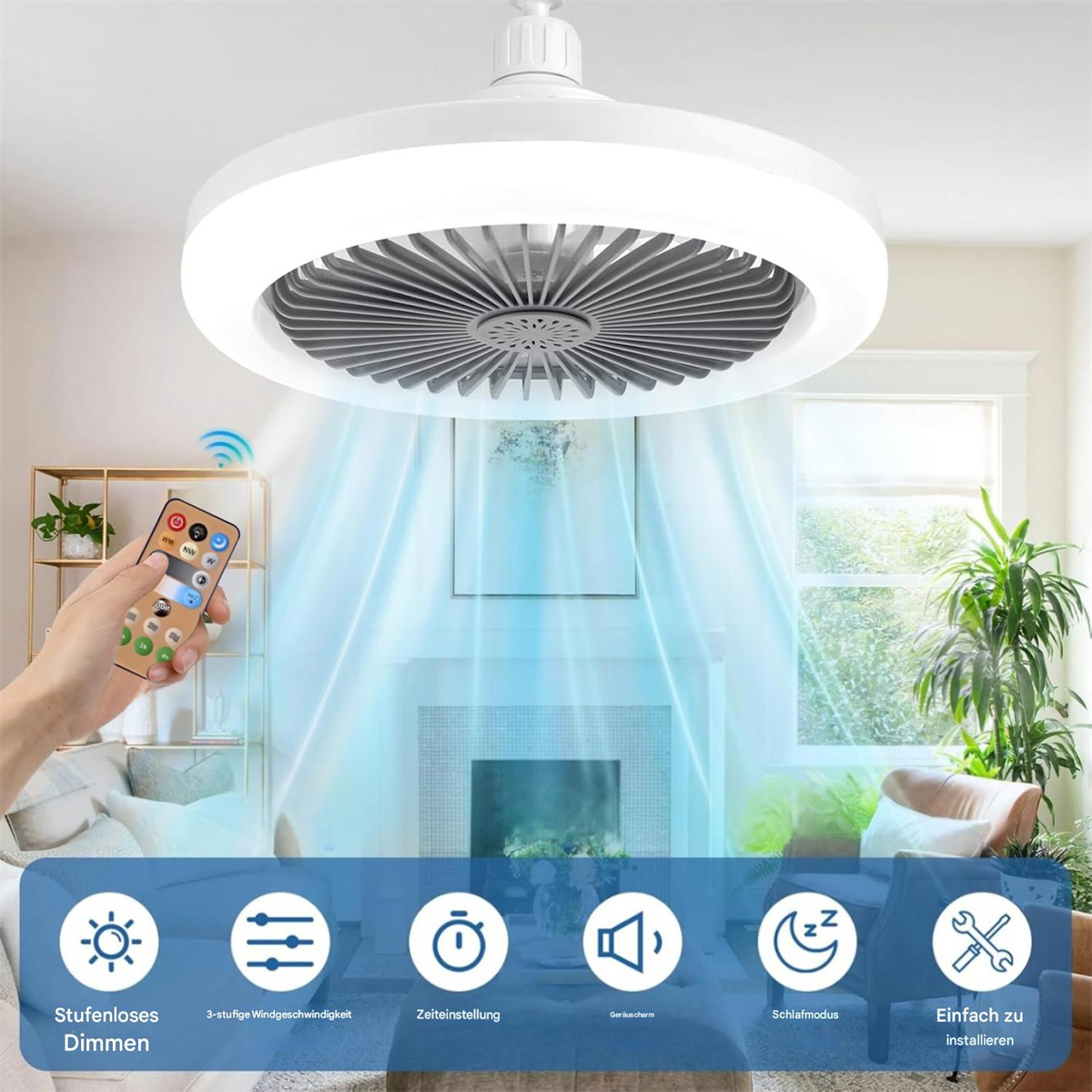 Deckenventilator, der Licht aussendet. Fernbedienung in der Hand. Sofa und Kamin im Hintergrund.