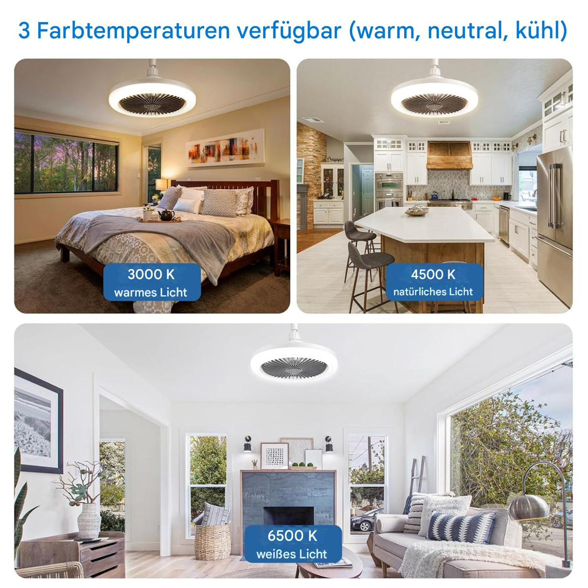Drei Räume mit Deckenventilatoren. Jeder hat eine andere Lichtfarbe. Text auf Deutsch.