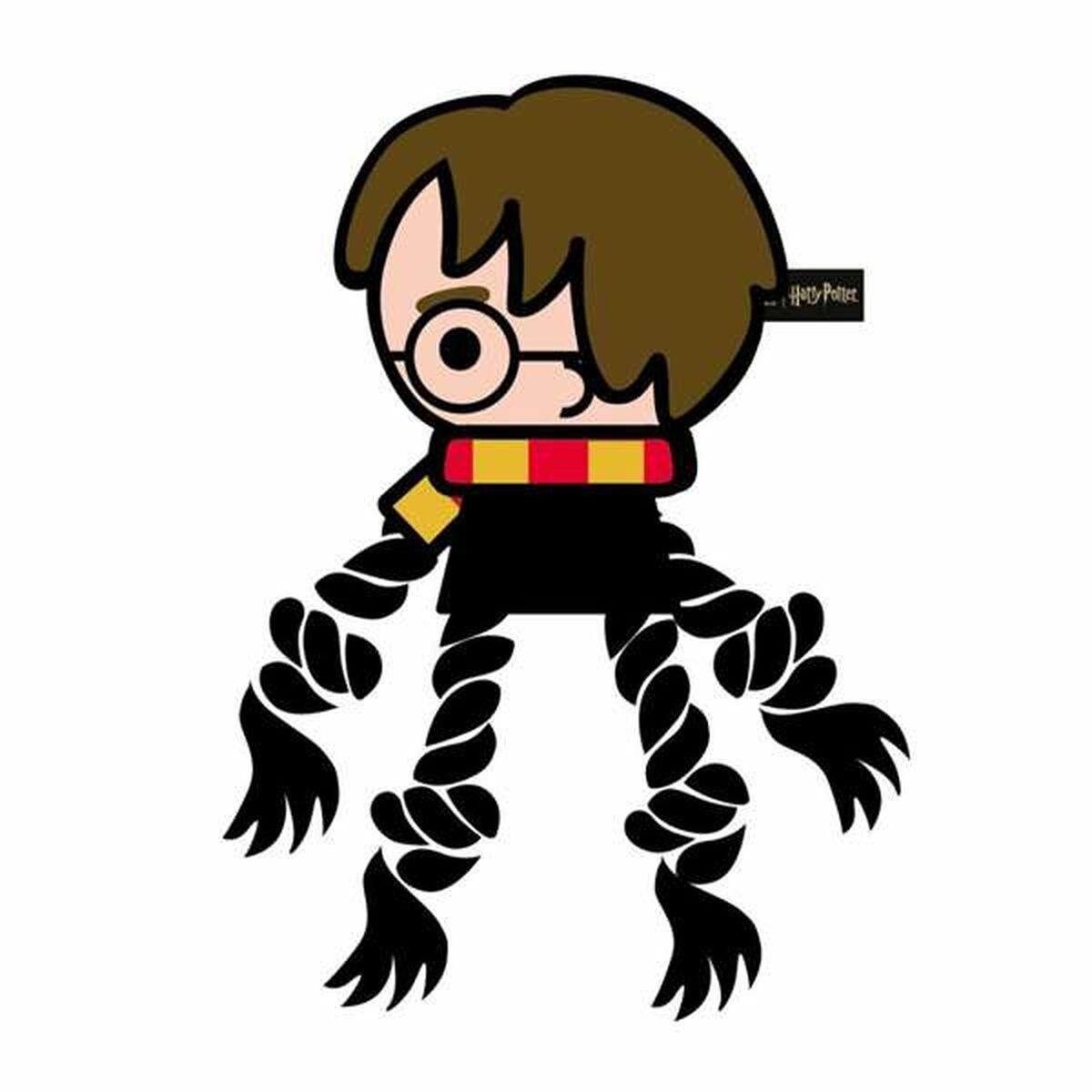 Cartoonfigur, Harry Potter, mit Brille, Schal und schwarzen Haaren. Schwarze Zöpfe.
