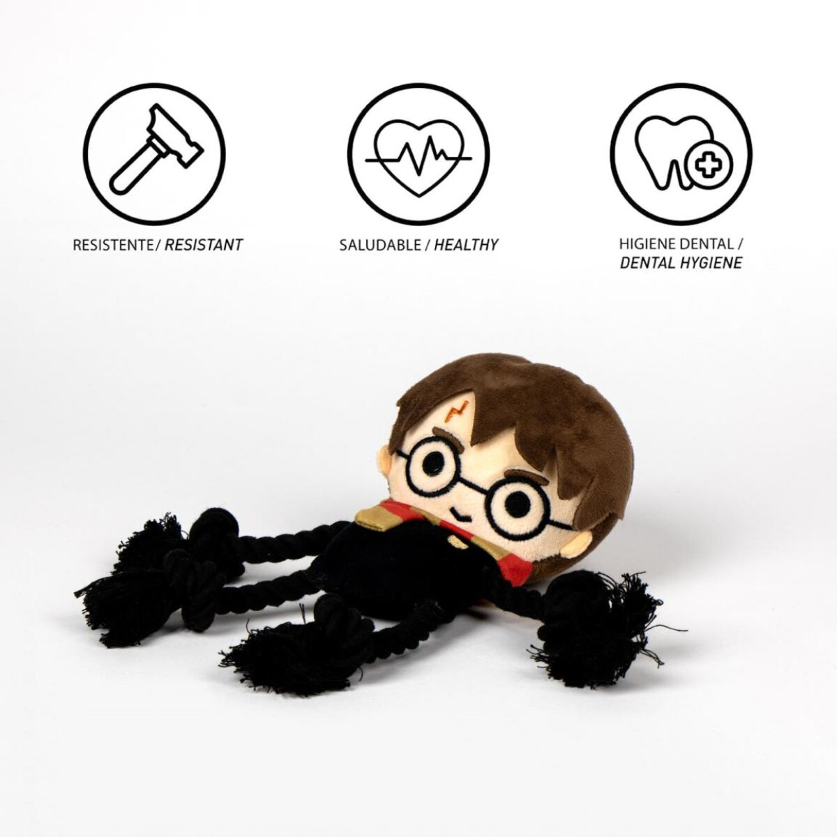 Ein Harry Potter Plüschtier mit Symbolen für widerstandsfähig, gesund und Zahnhygiene.