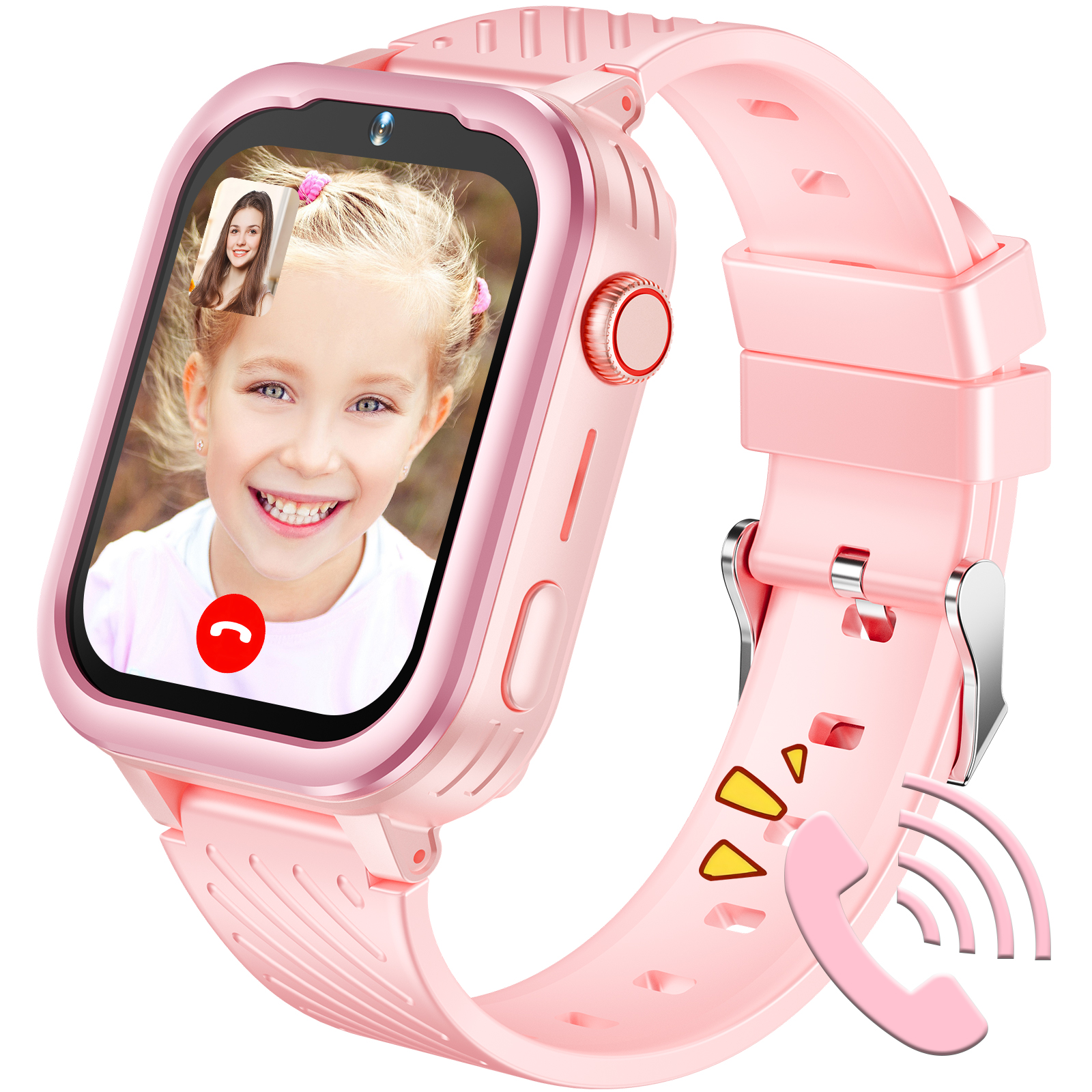 Eine pinkfarbene Smartwatch zeigt einen Videoanruf mit einem lächelnden Mädchen. Eine Ablehnungstaste ist sichtbar.