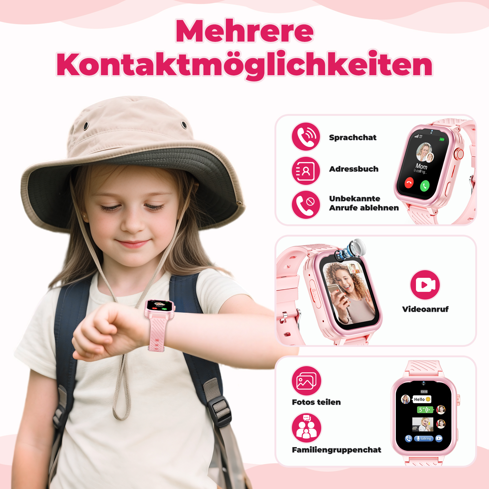 Ein junges Mädchen mit Hut und Rucksack betrachtet eine pinkfarbene Smartwatch an ihrem Handgelenk.