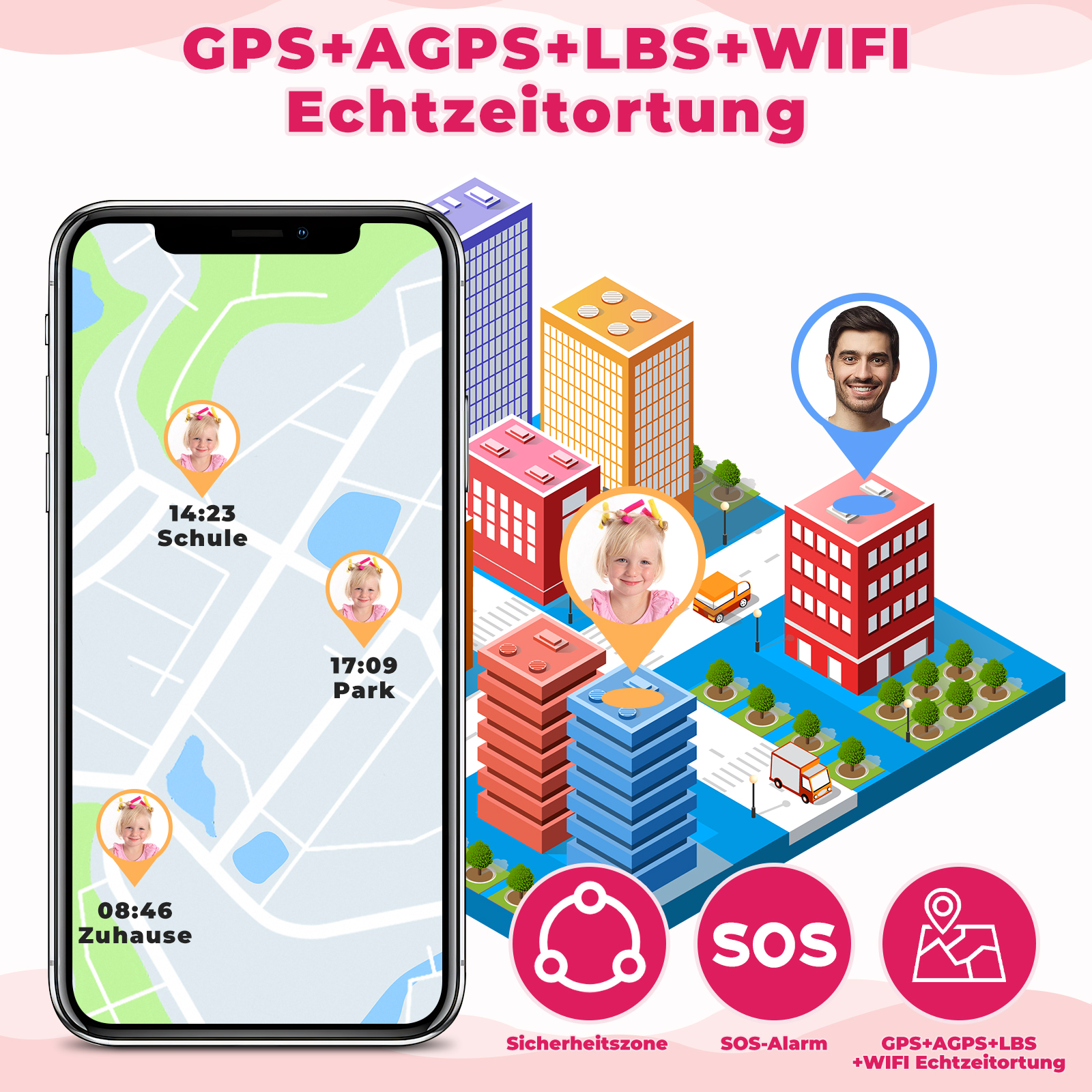 Ein Smartphone zeigt eine Karte mit dem Standort eines Kindes, mit Gebäuden und Symbolen.