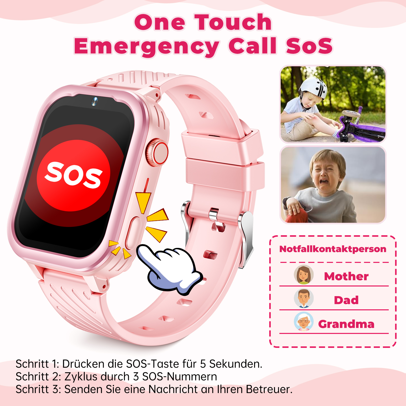 Eine rosa Smartwatch mit SOS-Taste, mit Bildern von Kindern und Kontaktinformationen.