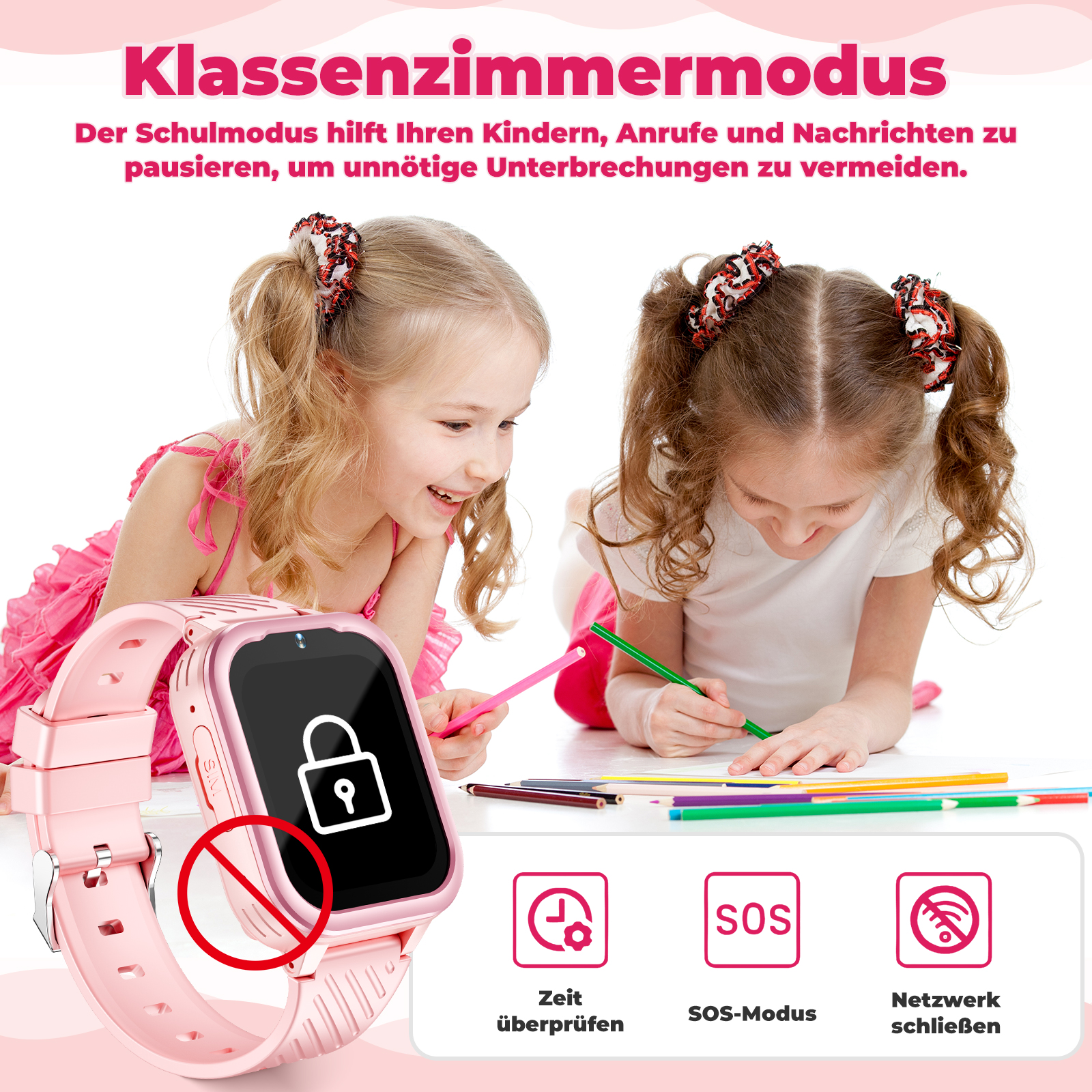 Eine rosa Smartwatch mit Schloss-Symbol, mit Bildern von Kindern und Symbolen für Zeit, SOS und Netzwerk.
