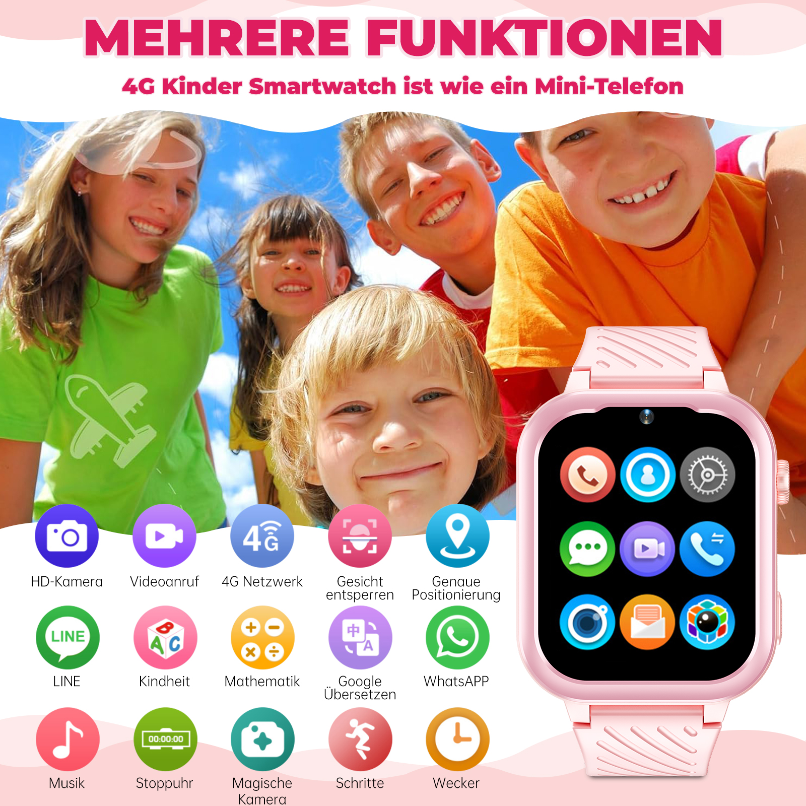 Das Bild zeigt Kinder und eine Smartwatch mit Symbolen wie Kamera und Karten. Der Text lautet 'Mehrere Funktionen'.