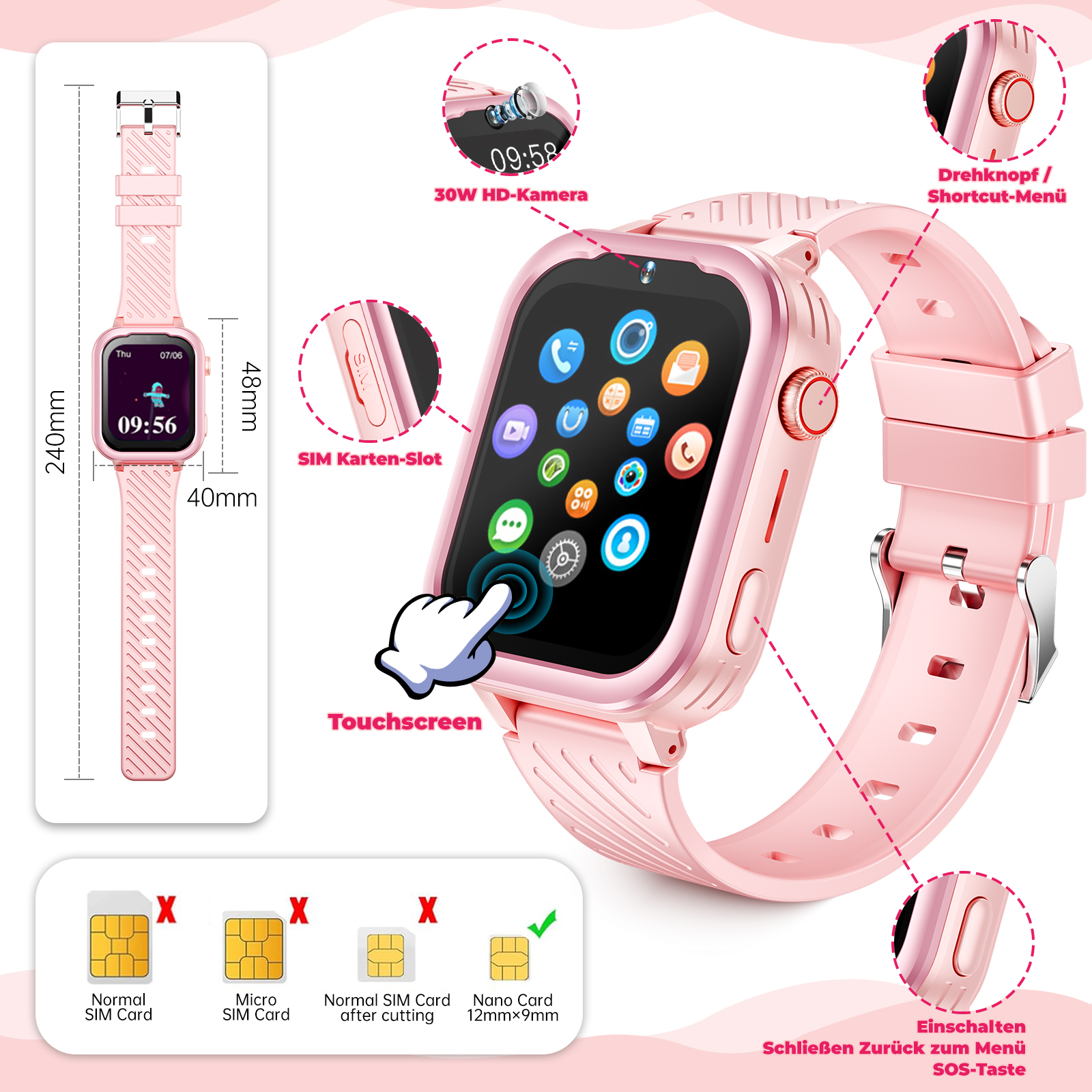 Eine pinkfarbene Smartwatch mit Diagrammen, die Funktionen und Abmessungen zeigen.