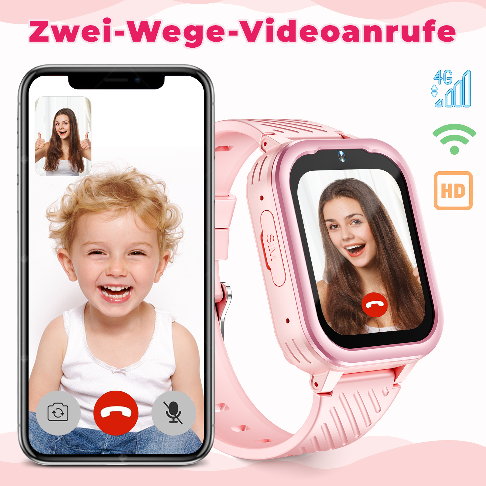 Eine pinkfarbene Smartwatch zeigt einen Videoanruf mit einem Mädchen und einem Jungen.