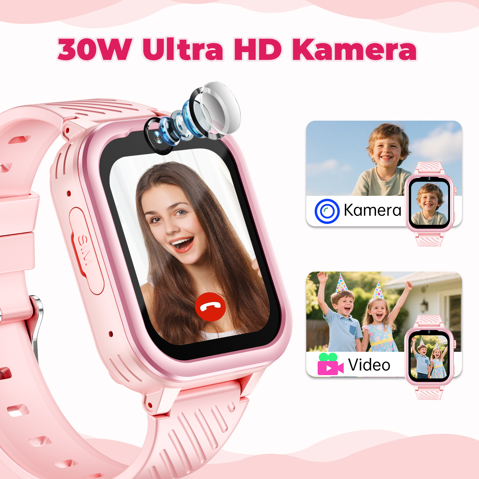 Eine pinkfarbene Smartwatch zeigt Videoanrufoptionen mit einem lächelnden Mädchen.