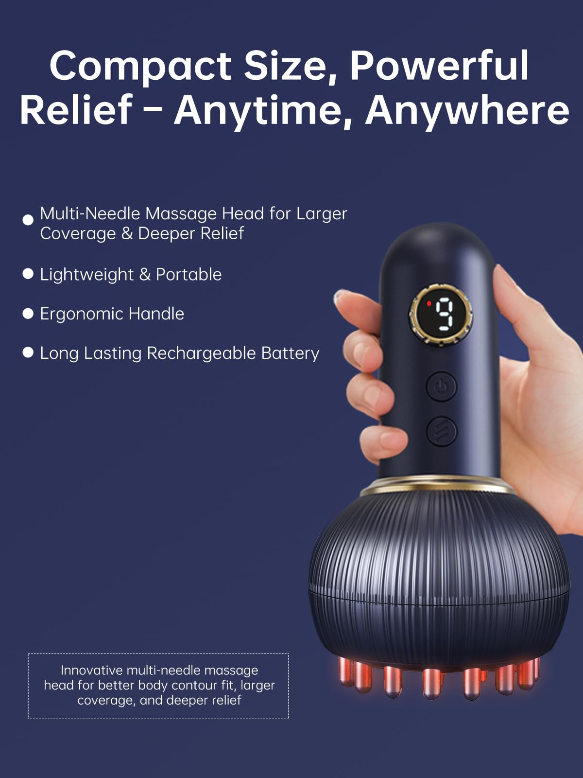 Hand hält Massagegerät mit roten Nadeln und Digitalanzeige. Text über Vorteile und Funktionen.