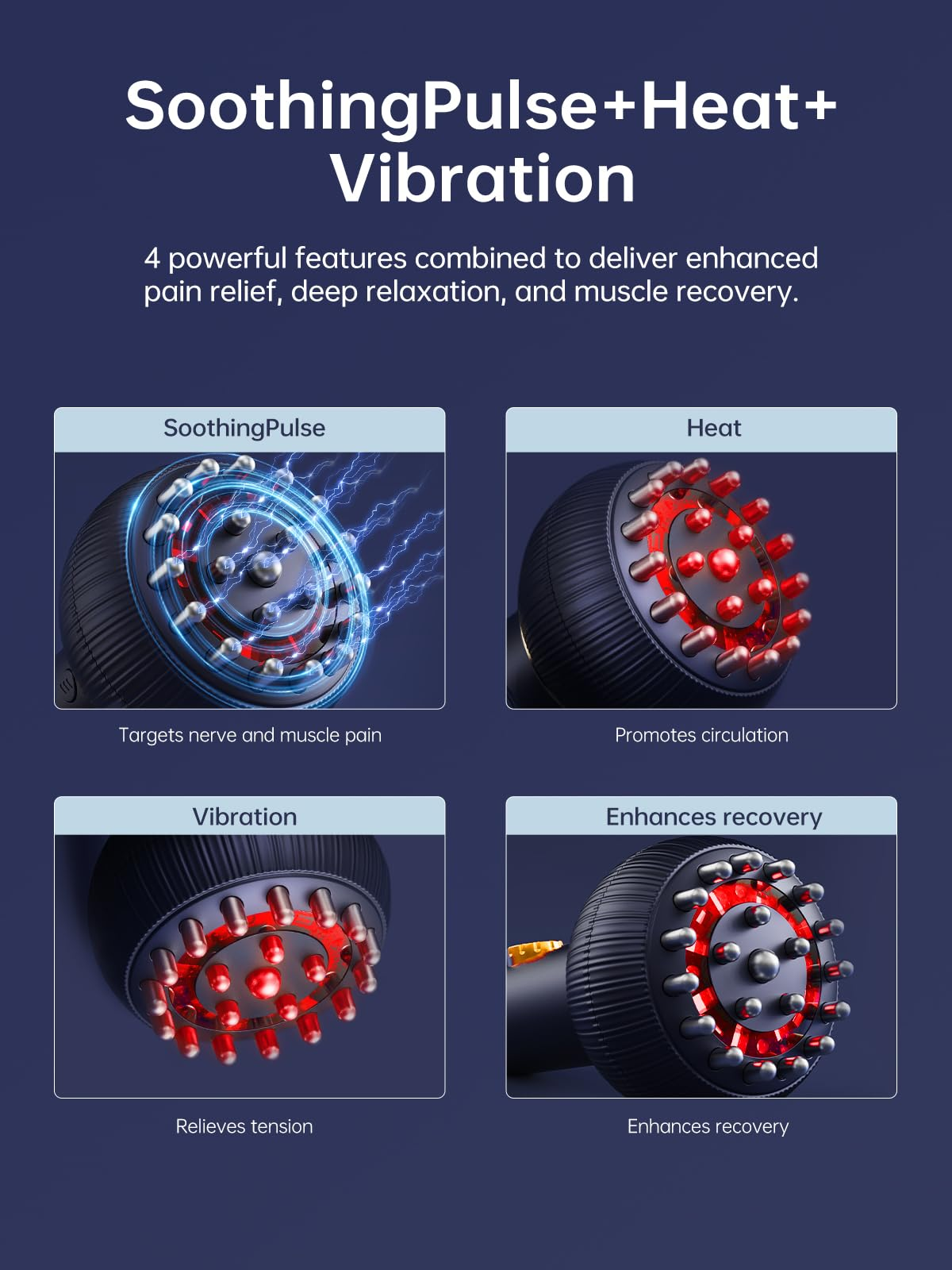 Das Bild zeigt vier Tafeln, die die Auswirkungen eines Massagegeräts veranschaulichen: SoothingPulse, Wärme, Vibration und verbessert die Erholung.