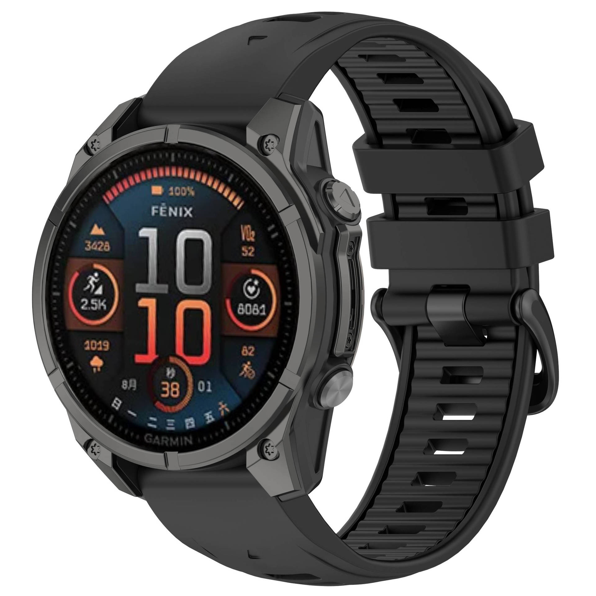 Czarny zegarek Garmin Fenix z czarnym paskiem. Tarcza wyświetla dane w różnych kolorach. Izolowany na białym tle.