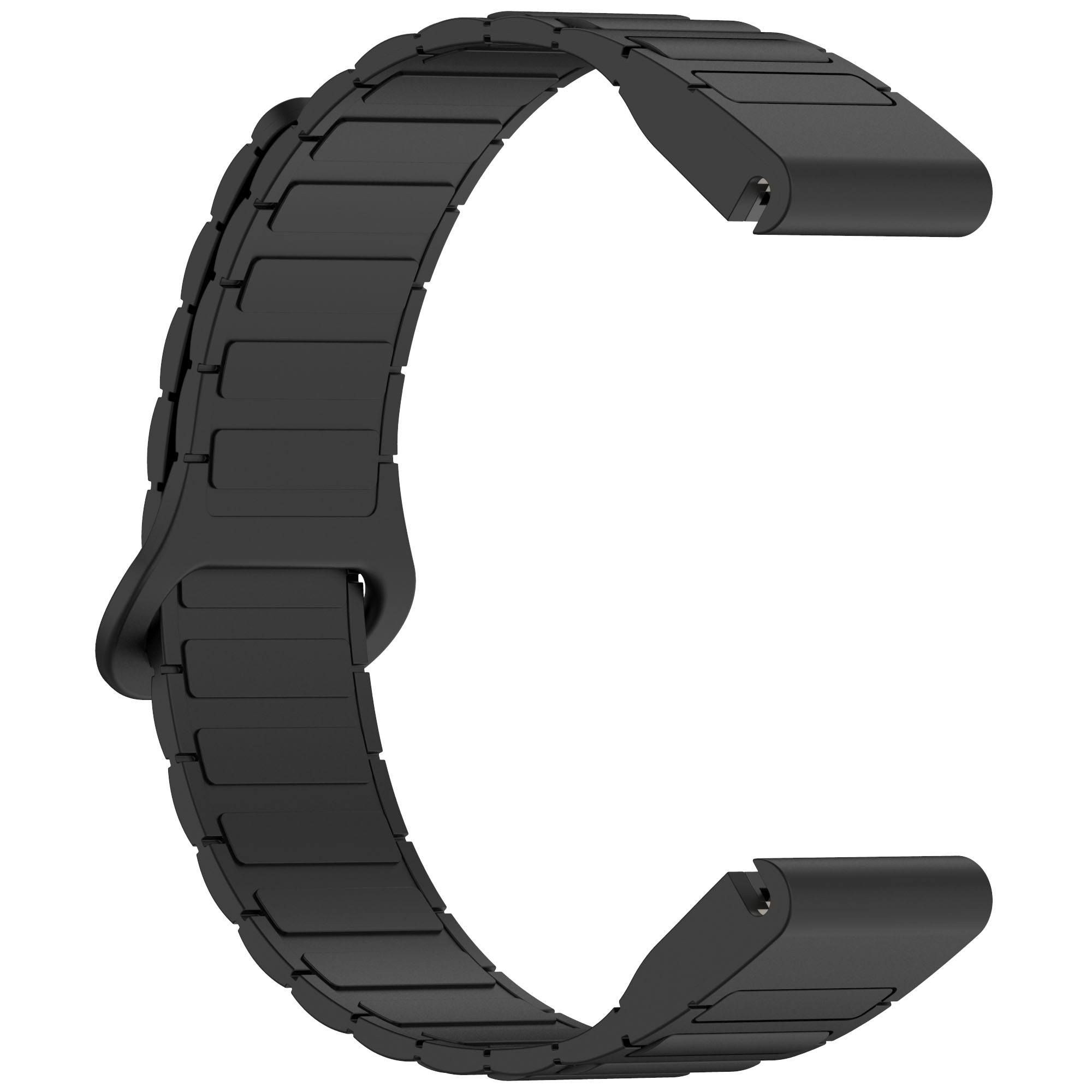 Ein schwarzes Uhrenarmband in C-Form gebogen, mit sichtbaren Gliedern. Das Armband ist für eine Smartwatch.