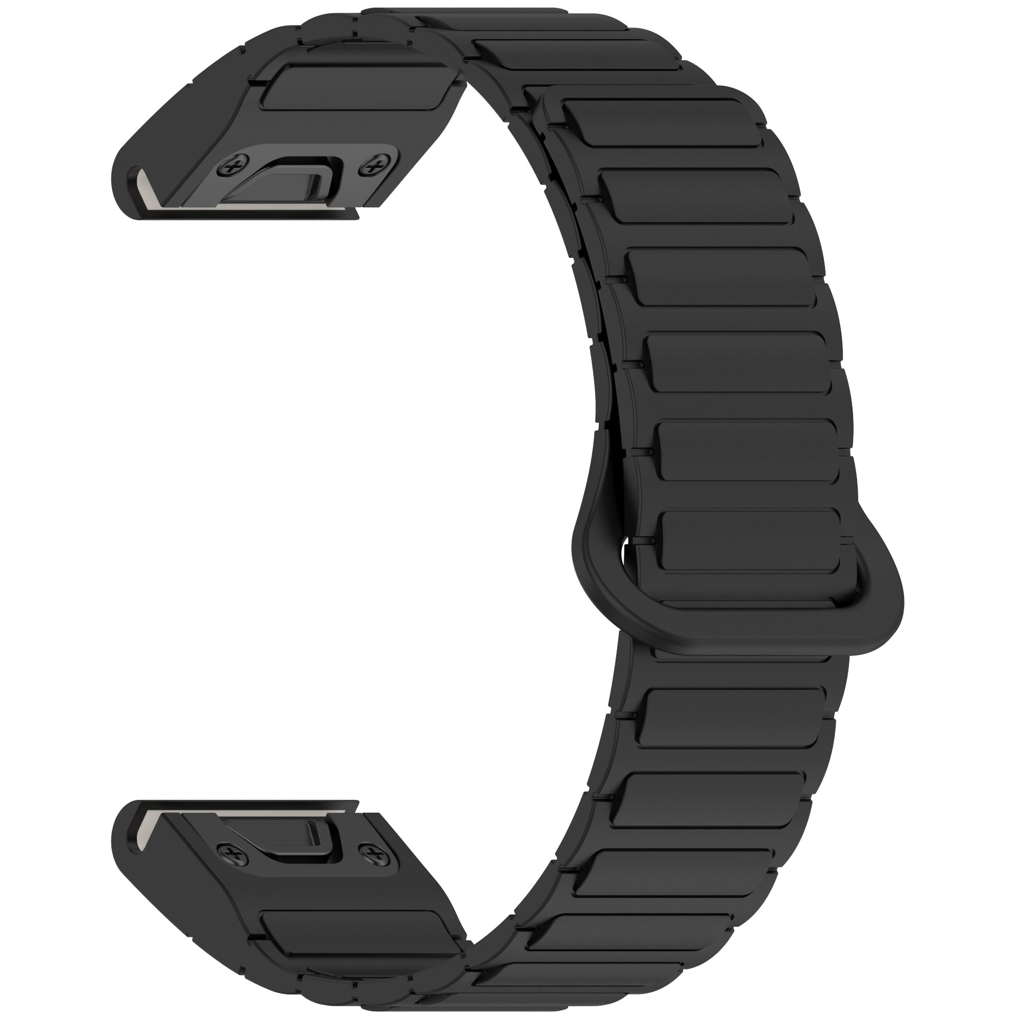 Ein schwarzes Smartwatch-Armband. Es ist abgenommen und zeigt den Verschluss und die Befestigungspunkte.