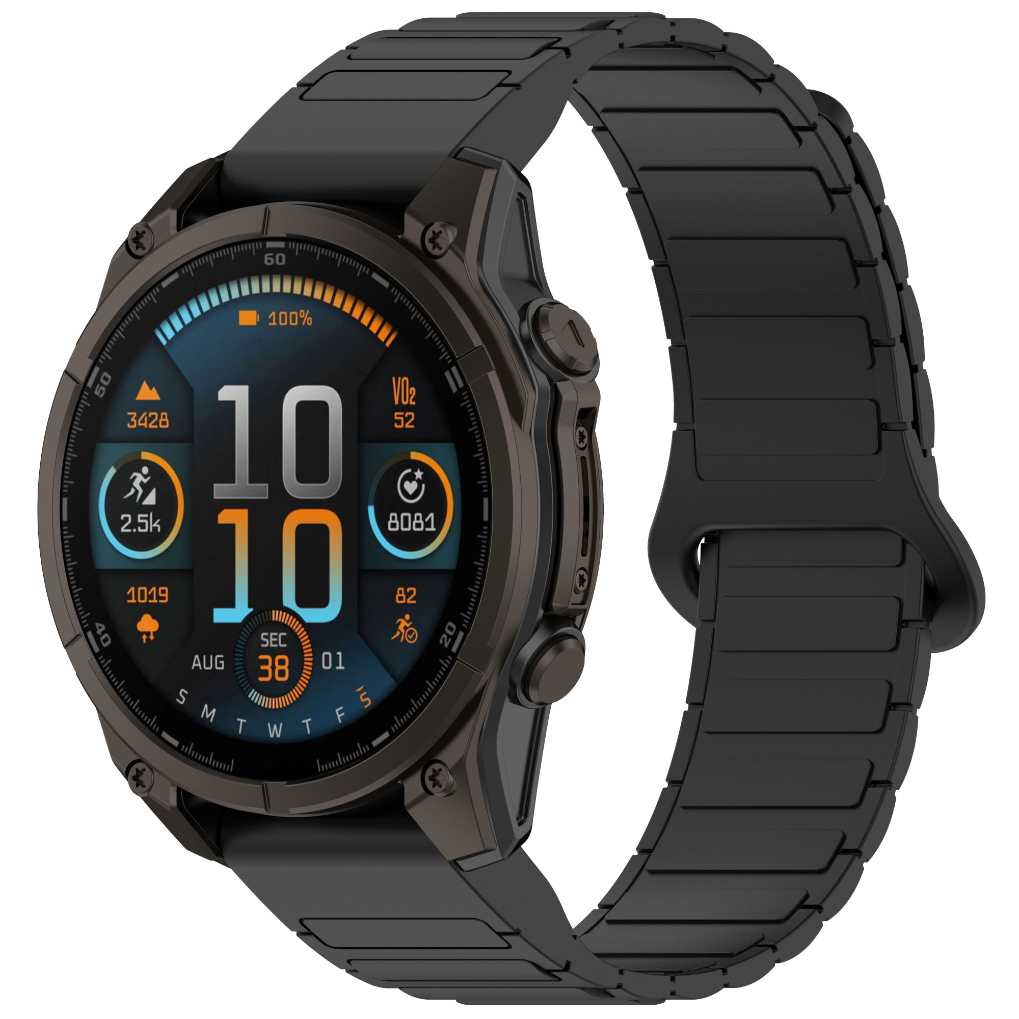 Eine schwarze Smartwatch mit schwarzem Armband, zeigt Daten auf dem Bildschirm. Metallisches Finish.