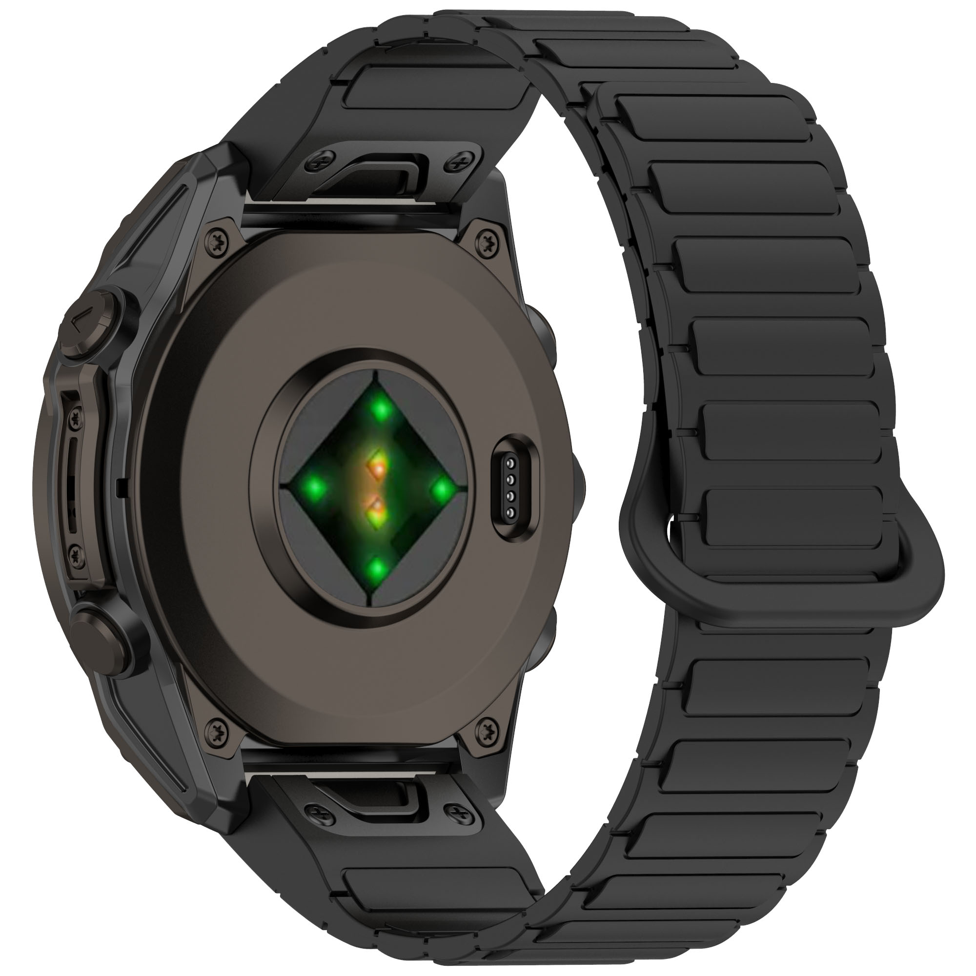 Die Rückseite einer schwarzen Smartwatch mit schwarzem Armband. Zeigt den Sensor und den Bandanschluss.