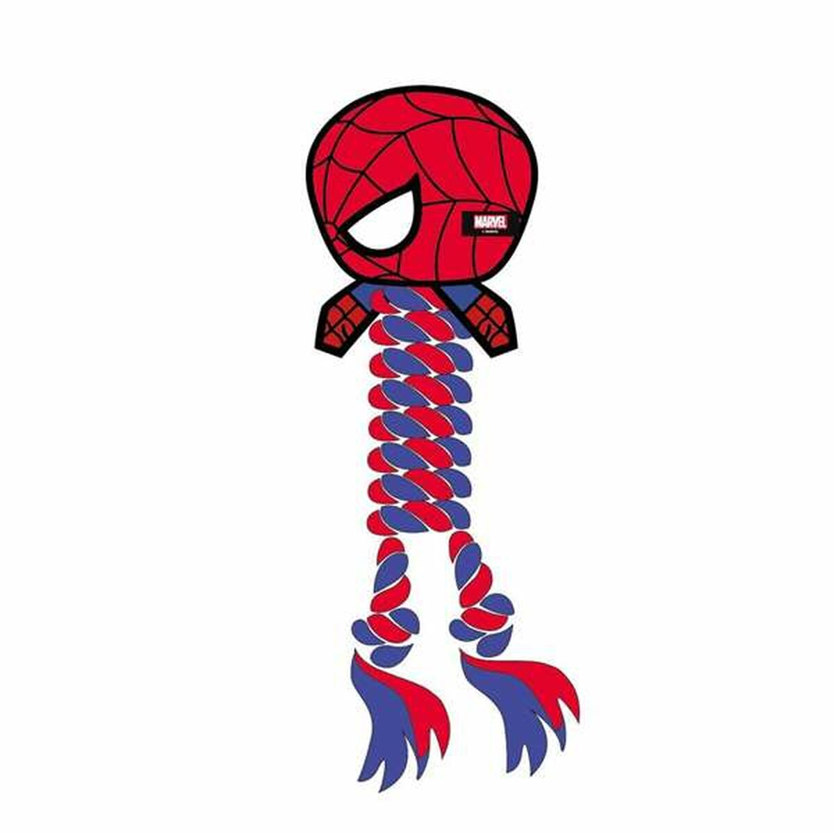 Spider-Man-Spielzeug mit rot-blauem Design, hängt vor weißem Hintergrund. Es ist ein Cartoon-Bild.