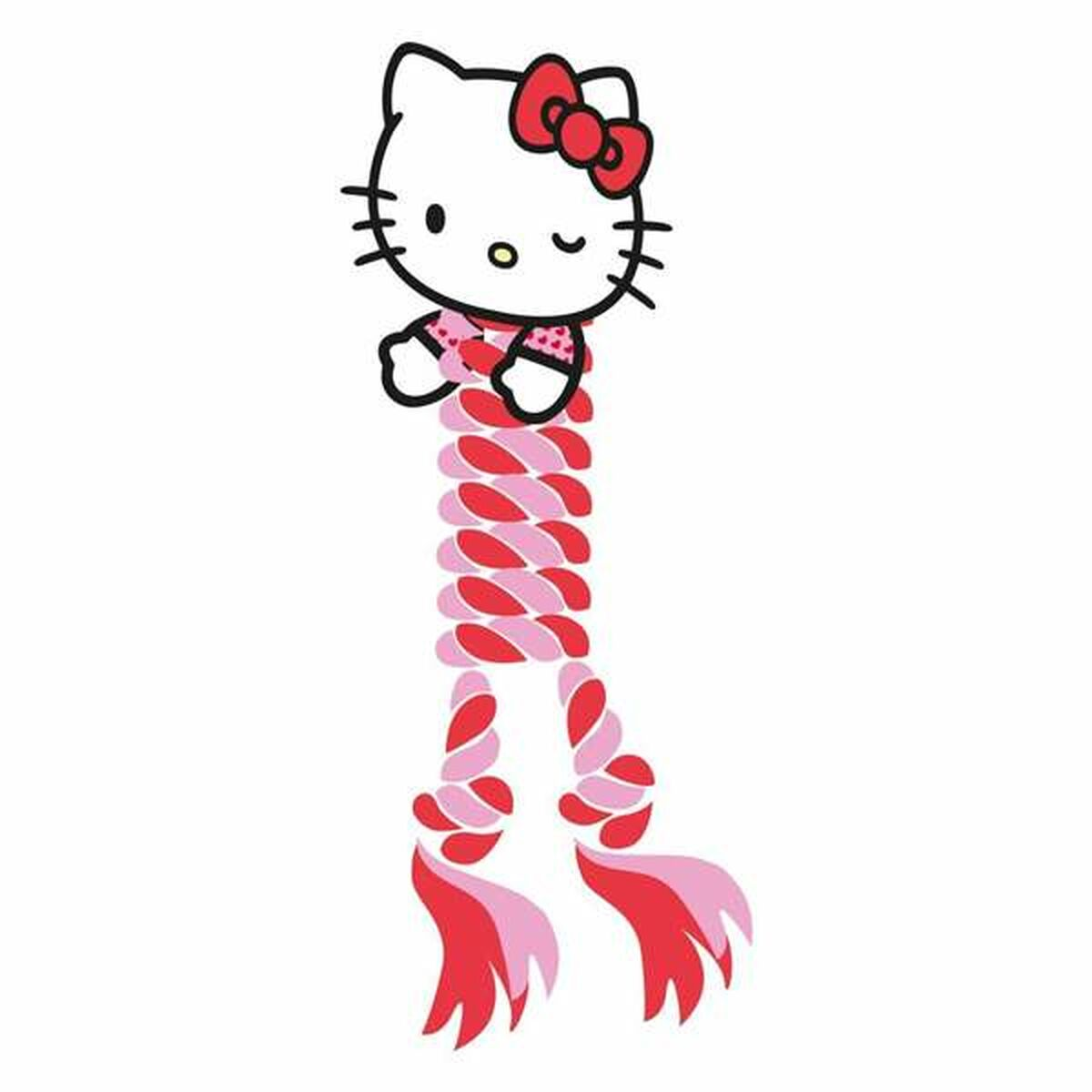 Hello Kitty Spielzeug im Cartoon-Stil, rote Schleife und rot-rosa gedrehte Seilbeine. Weißer Hintergrund.