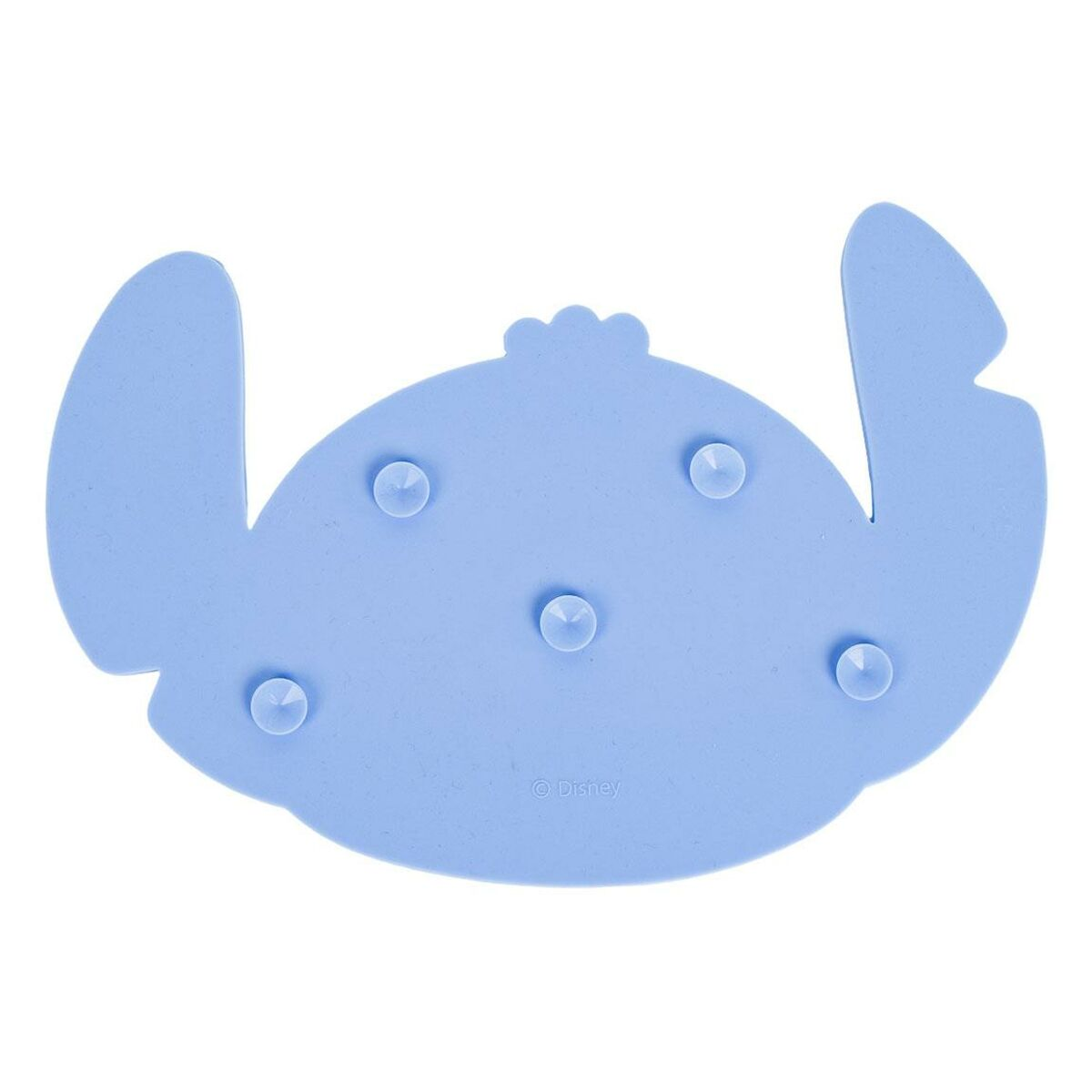Eine hellblaue, Stitch-förmige Badematte mit Saugnäpfen. Hat das Disney-Logo.