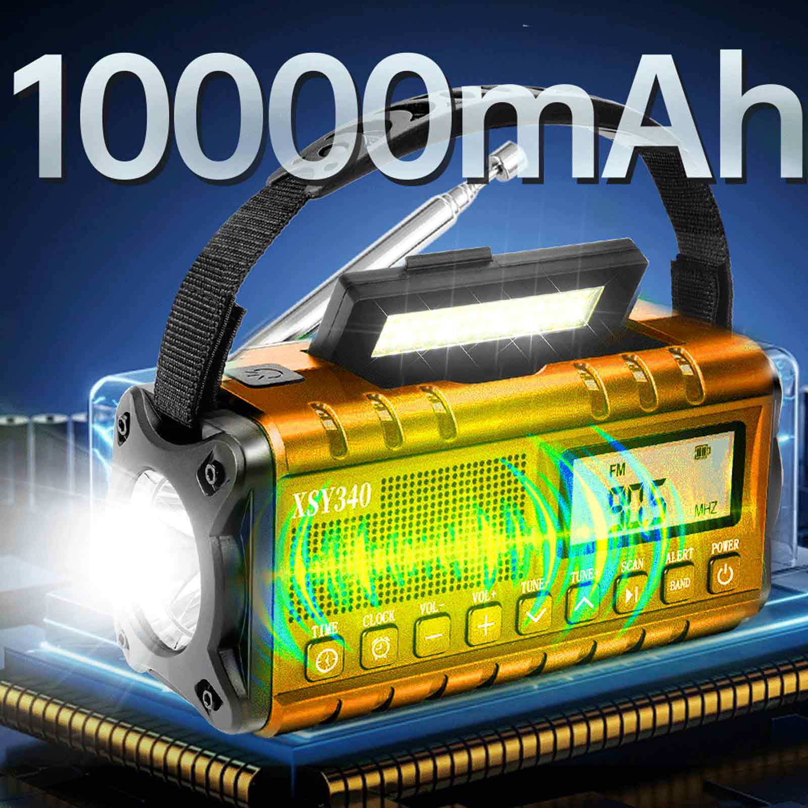 Gold-schwarzes Radio, zeigt 10000mAh, mit Knöpfen und einem Licht.