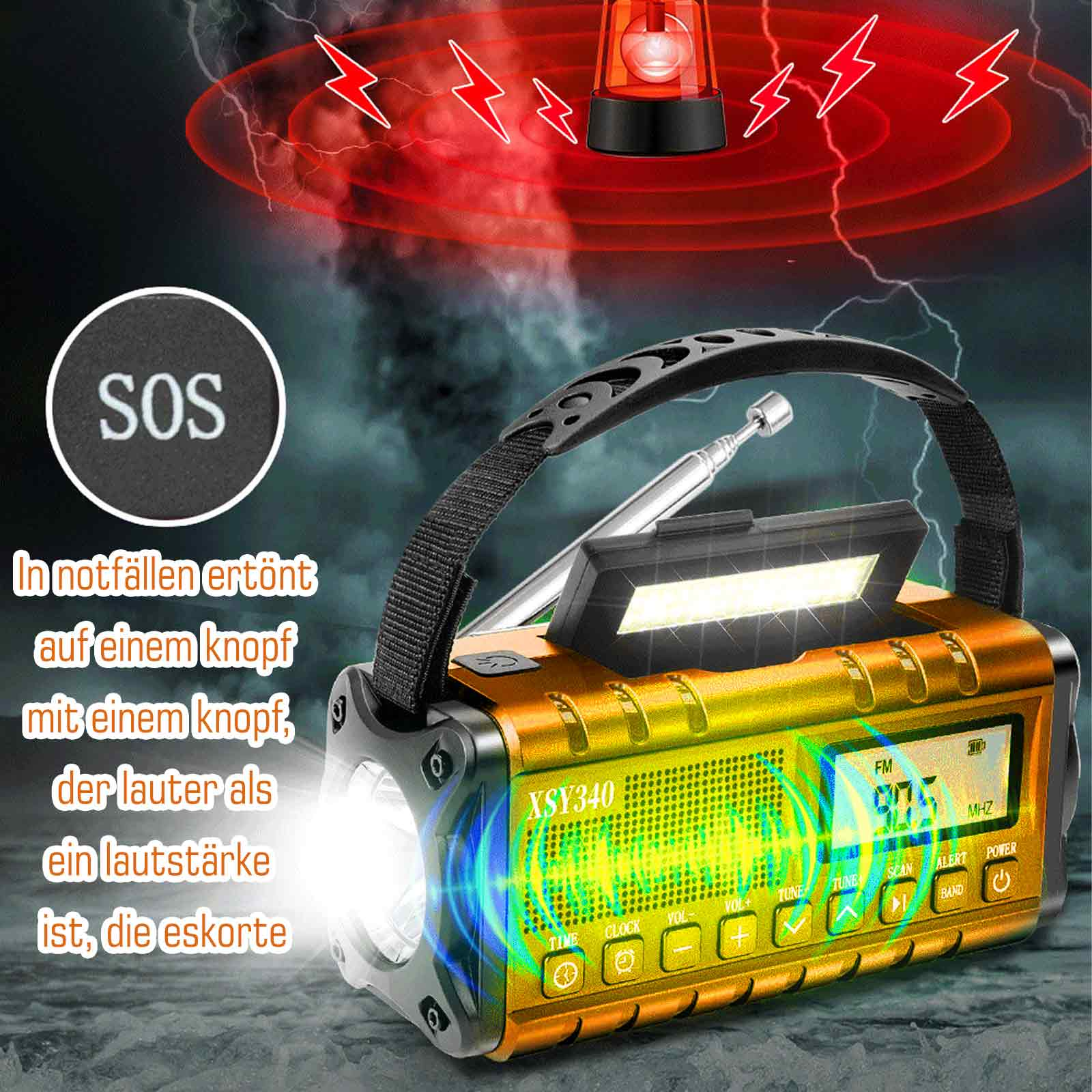 Gold-schwarzes Notfallradio mit Taschenlampe, SOS-Taste und blinkendem roten Licht. Text: 'In Notfällen'.