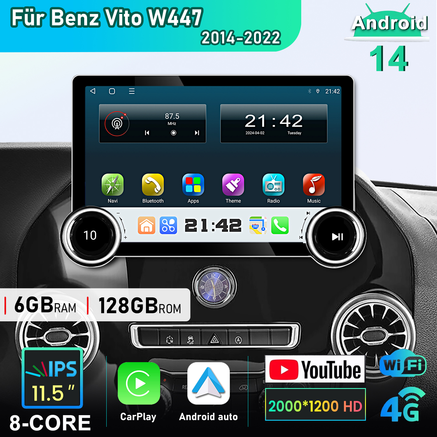 Car-Multimedia-System-Bildschirm mit Navigation, Apps und Uhrzeit, angezeigt in einem Armaturenbrett.