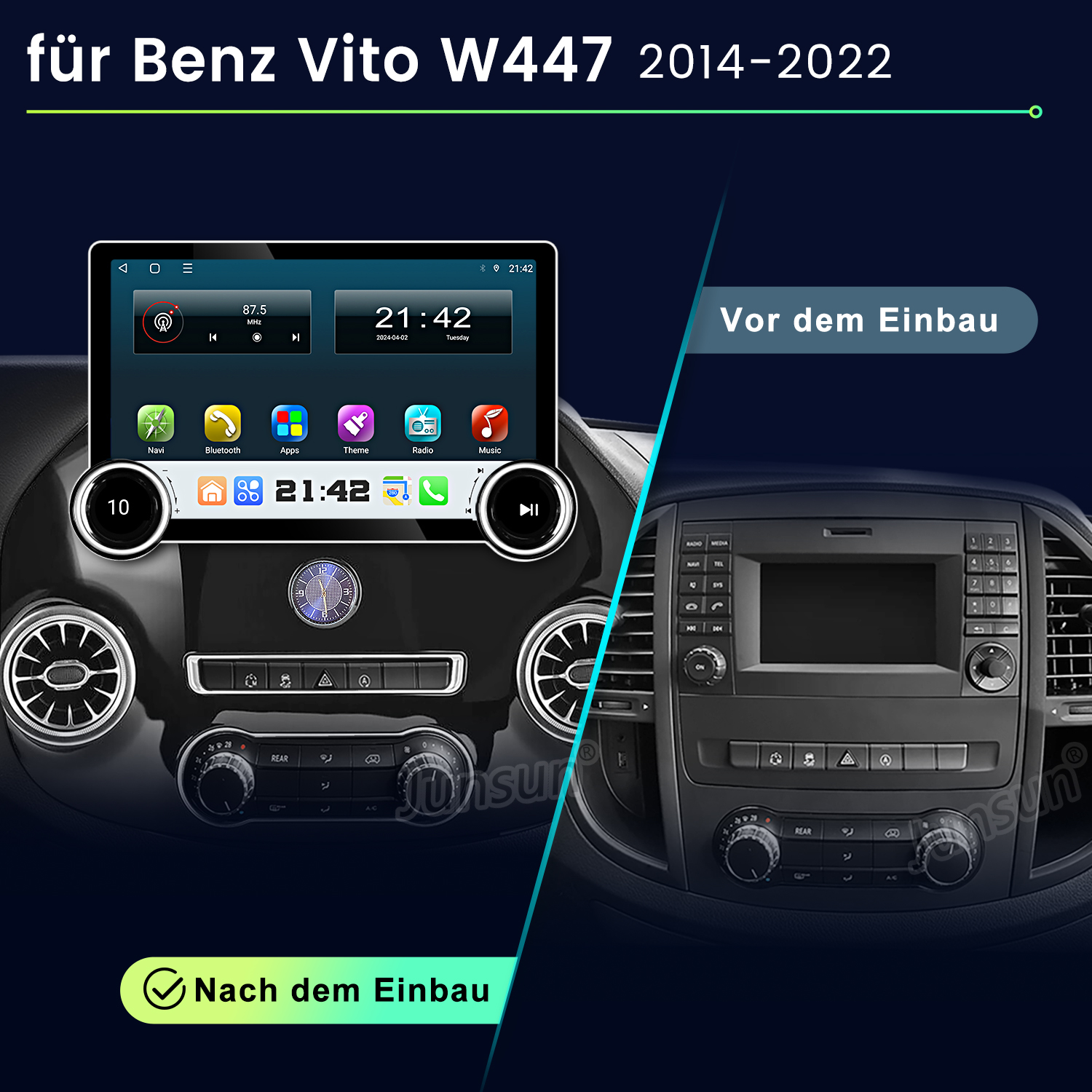 Das Bild zeigt ein Auto-Armaturenbrett mit einem Bildschirm, der eine GPS-Oberfläche anzeigt, mit Text auf Deutsch.