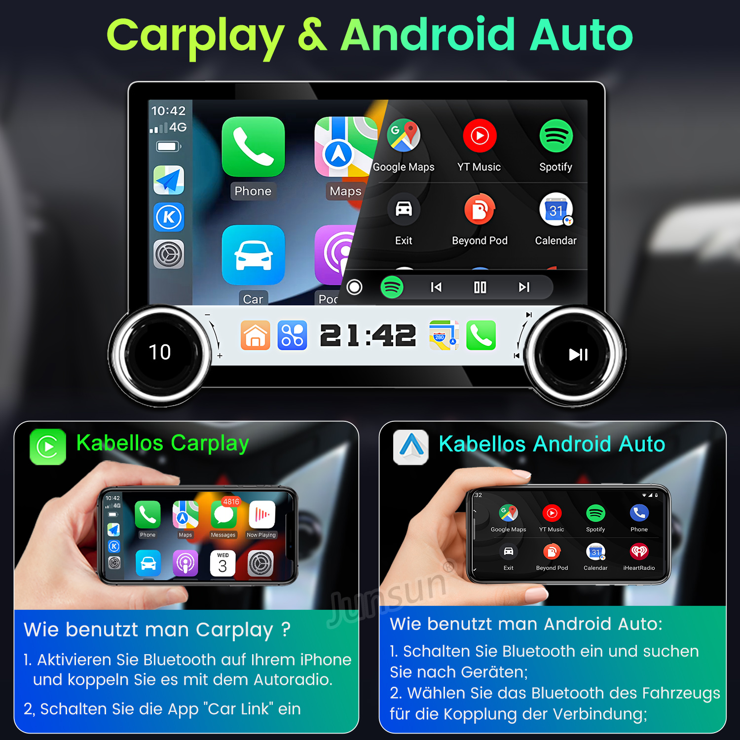 Das Bild zeigt eine Autoanzeige mit CarPlay- und Android Auto-Oberflächen, mit Anweisungen.