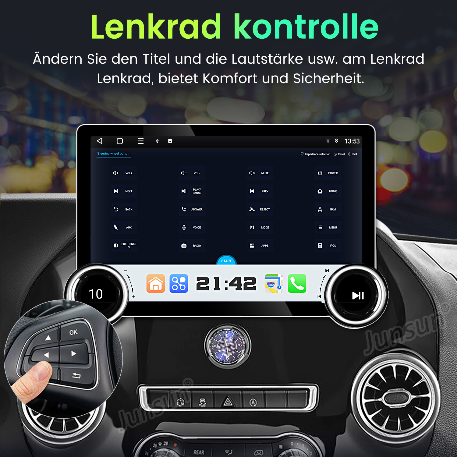 Auto-Armaturenbrett mit einem Bildschirm, der eine Autoschnittstelle mit Lenkradsteuerungsdetails anzeigt.