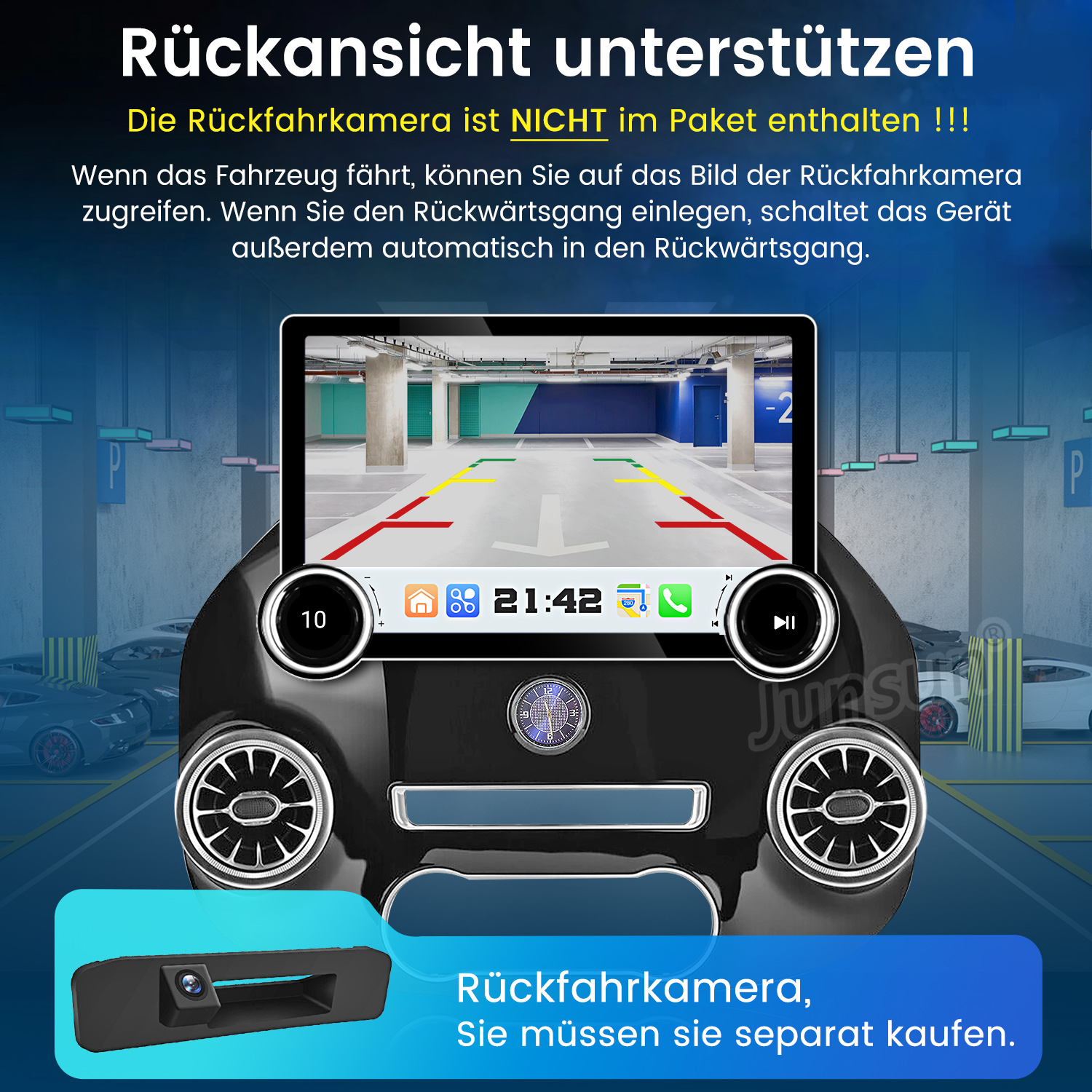 Armaturenbrett mit Multimedia-Bildschirm, der eine Rückfahrkameraview zeigt, umgeben von Design.