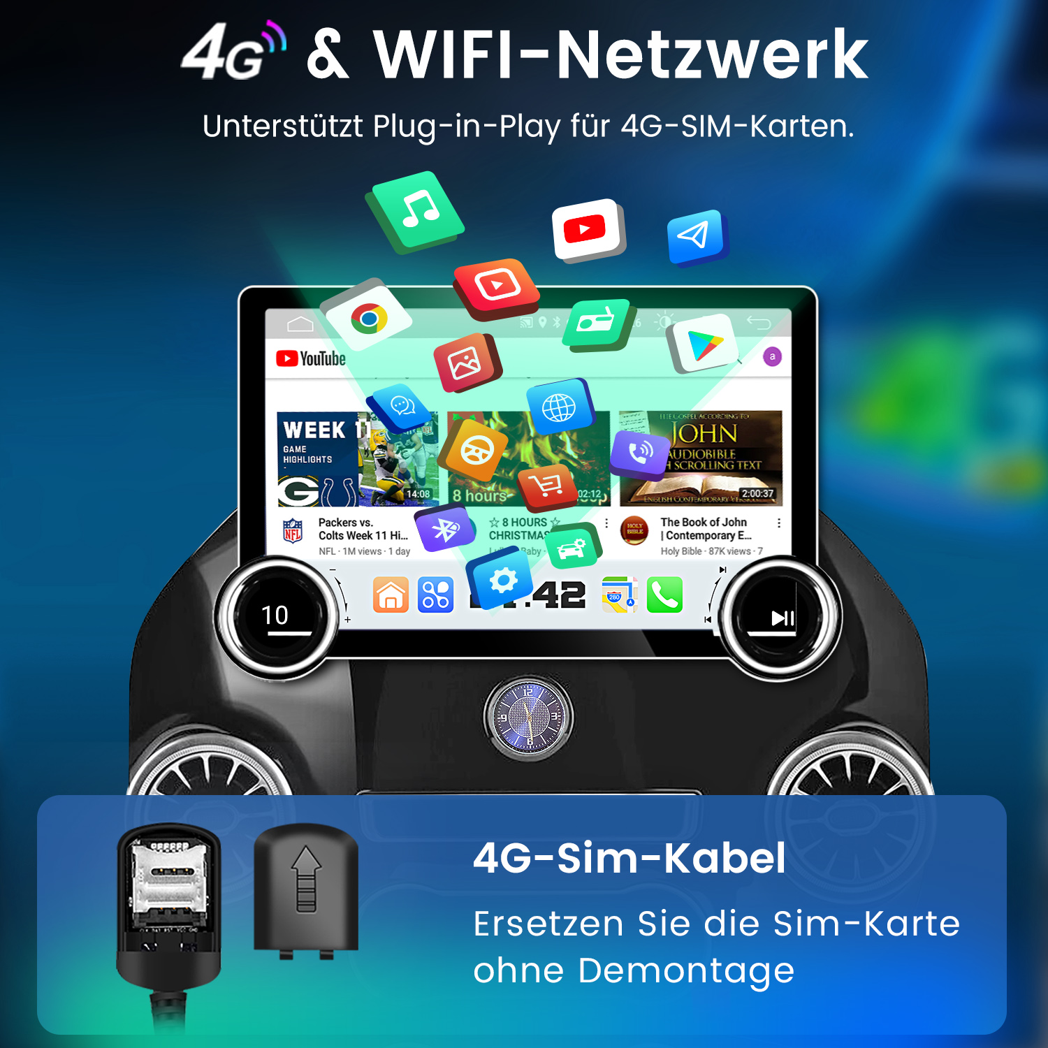 Ein Armaturenbrett mit einem Tablet, das eine App und Symbole anzeigt. Das Tablet zeigt ein 4G- und Wifi-Netzwerk.