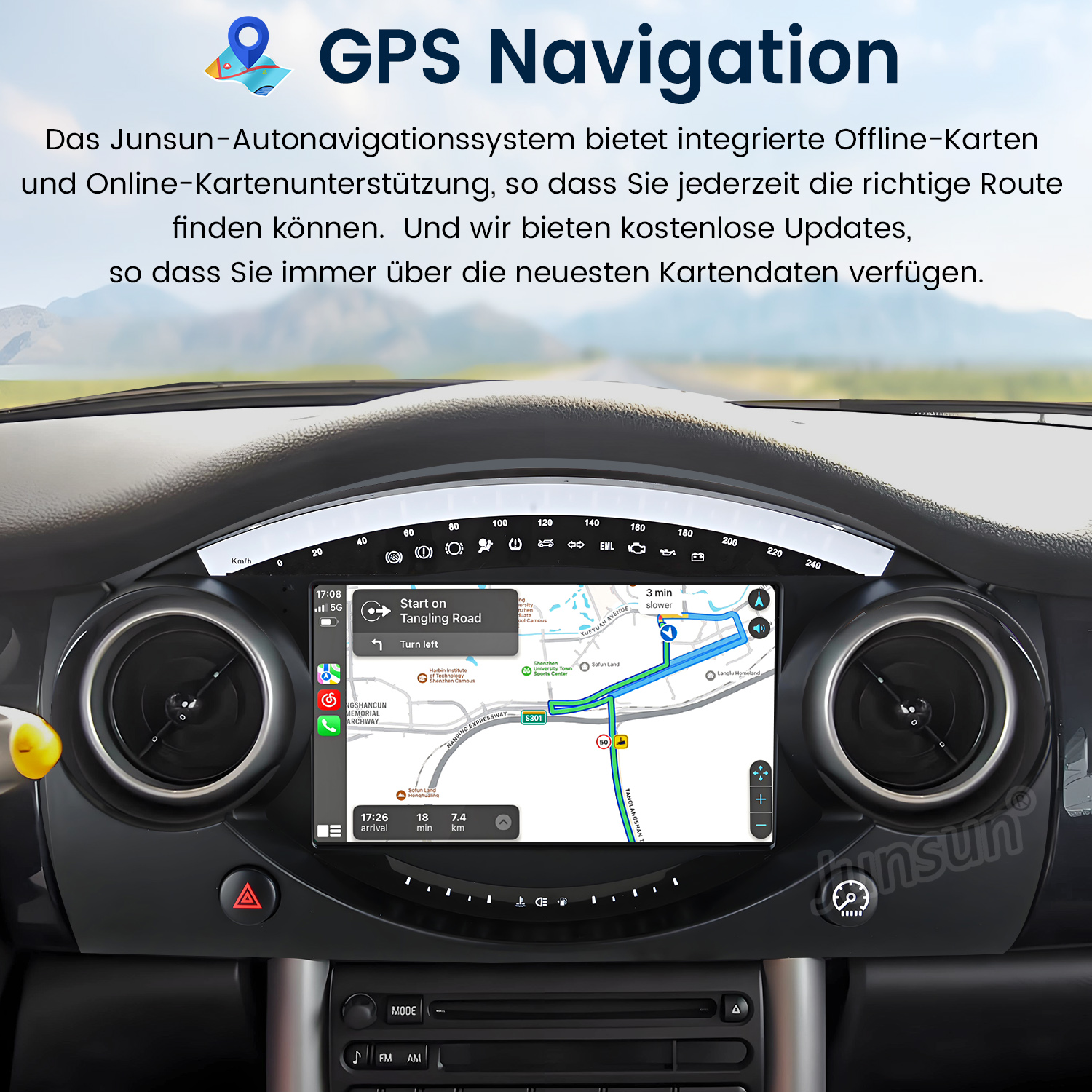 Auto-Armaturenbrett mit GPS-Navigation, Karte, Straßendetails und Benutzeroberflächenelementen.