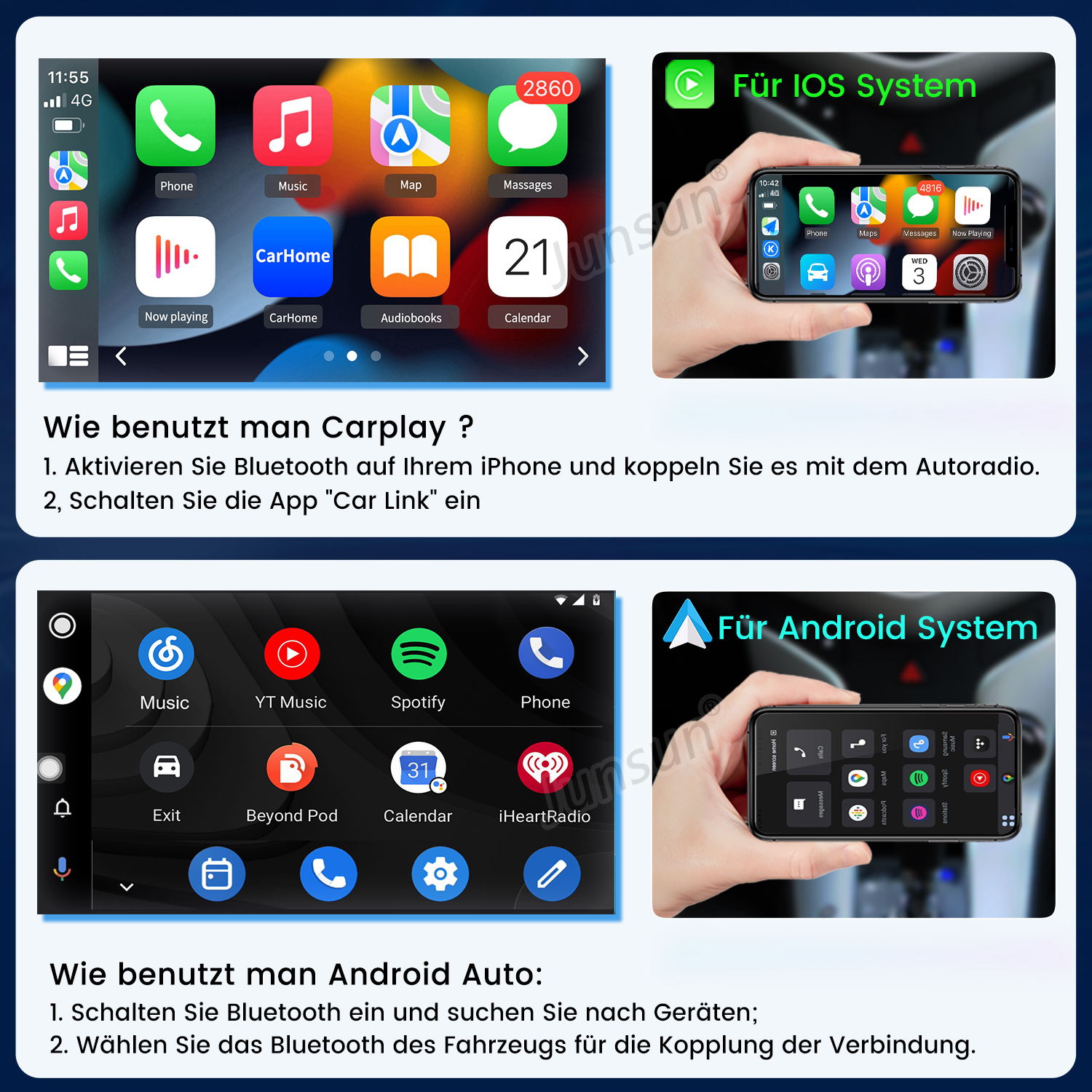 Das Bild zeigt zwei Telefone mit CarPlay- und Android Auto-Oberflächen, mit Anleitungstext.