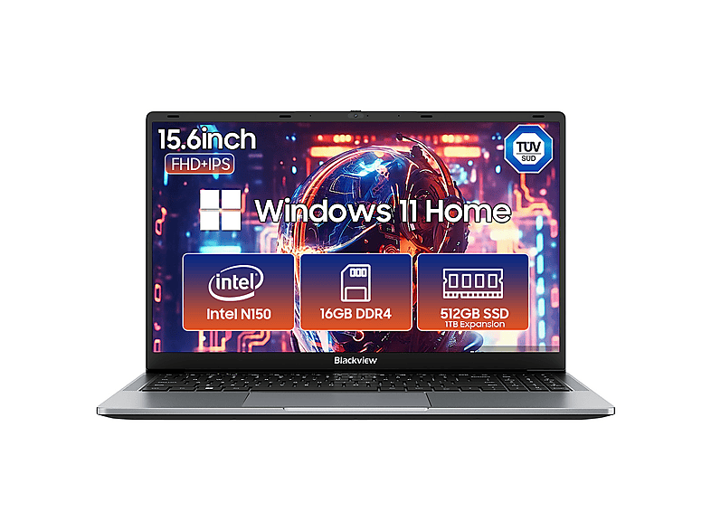 BLACKVIEW AceBook 6 Mit US QWERTY Tastatur, Laptop, mit 15,6 Zoll Display, Intel® N-Series, 16 GB RAM, 512 GB SSD, Intel® UHD Graphics, Grau, Windows 11 Home